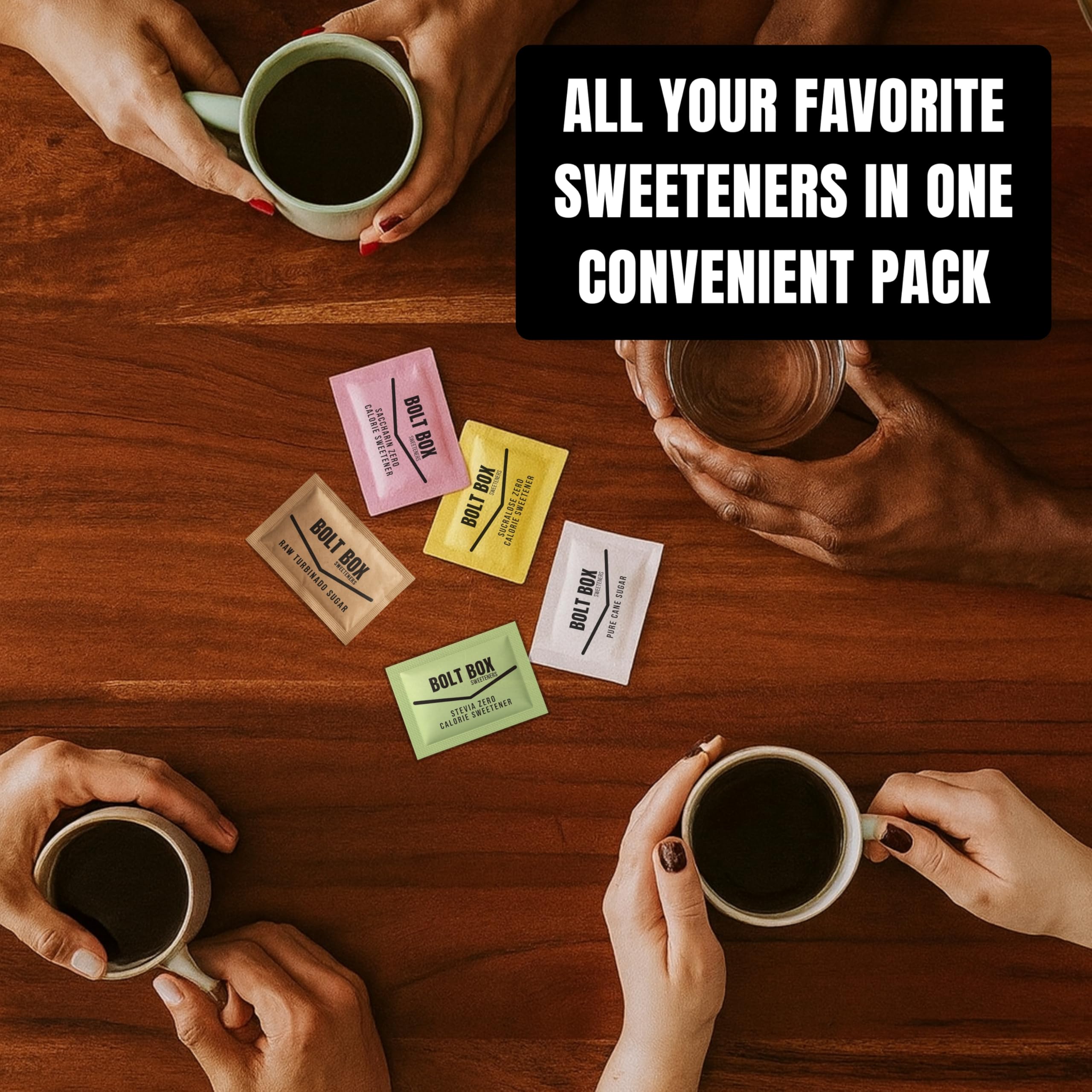 Bolt Box pink saccharin packets provide low-calorie sweetness.