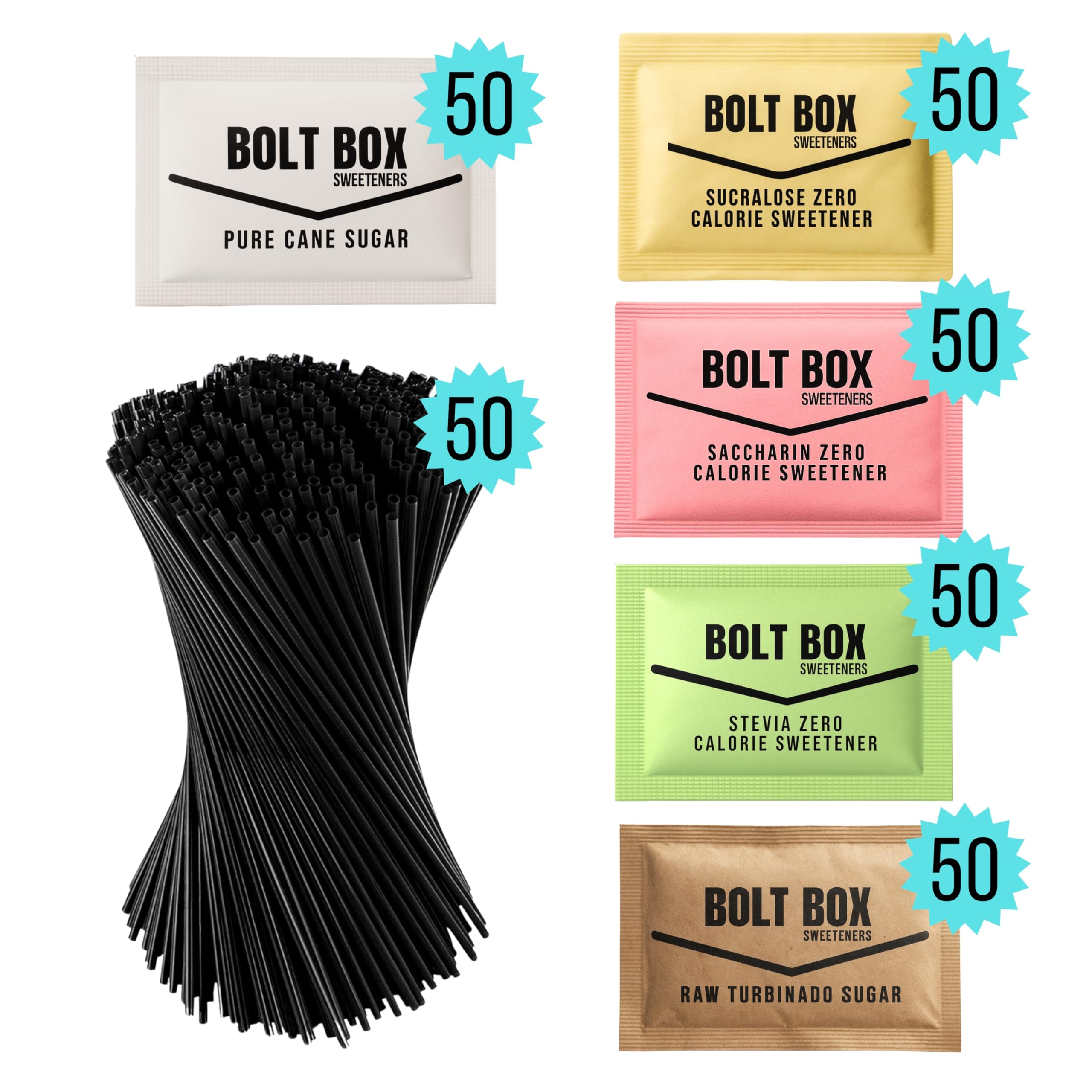 Bolt Box green stevia packets offer a natural sweetener option.