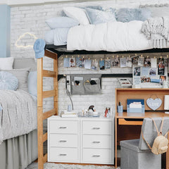 BOLUO wood-top detail emphasizing durable contrast with fabric drawers