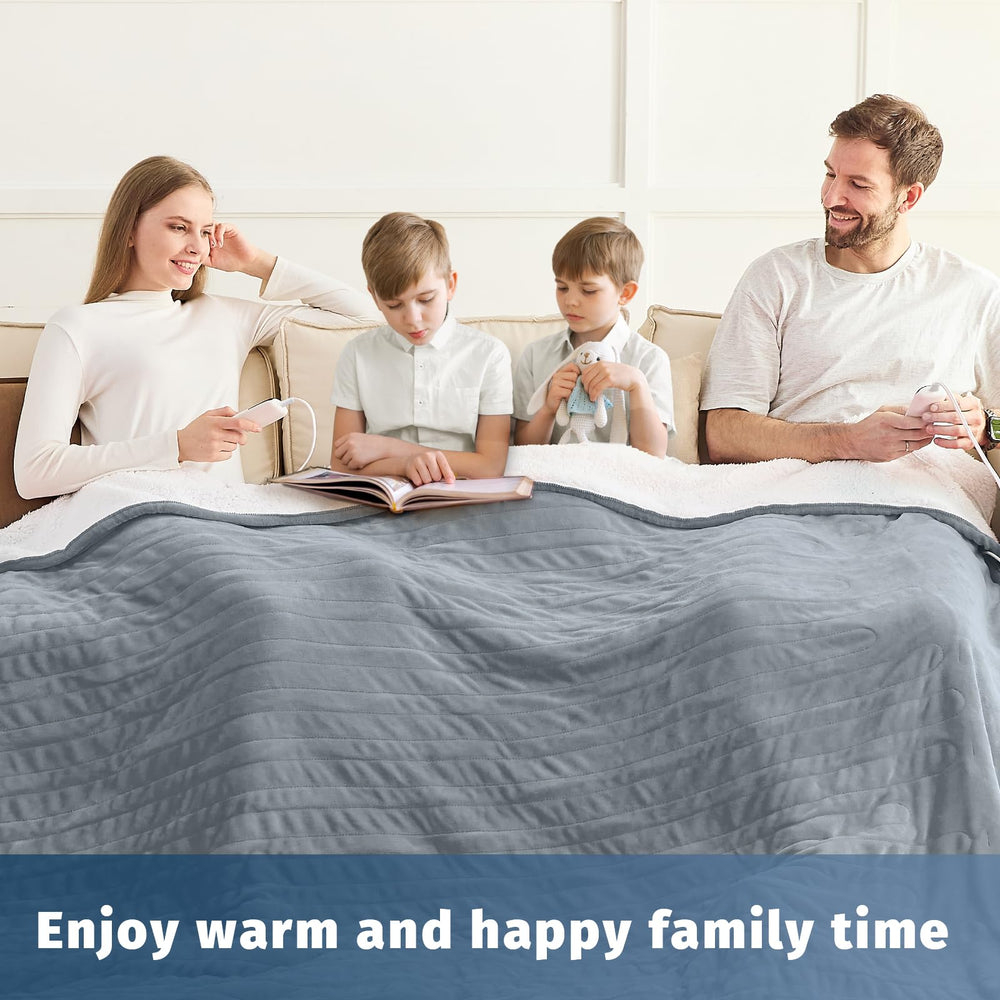 Bomova queen-size blanket highlighting long 14.44 ft power cord for flexible setup.