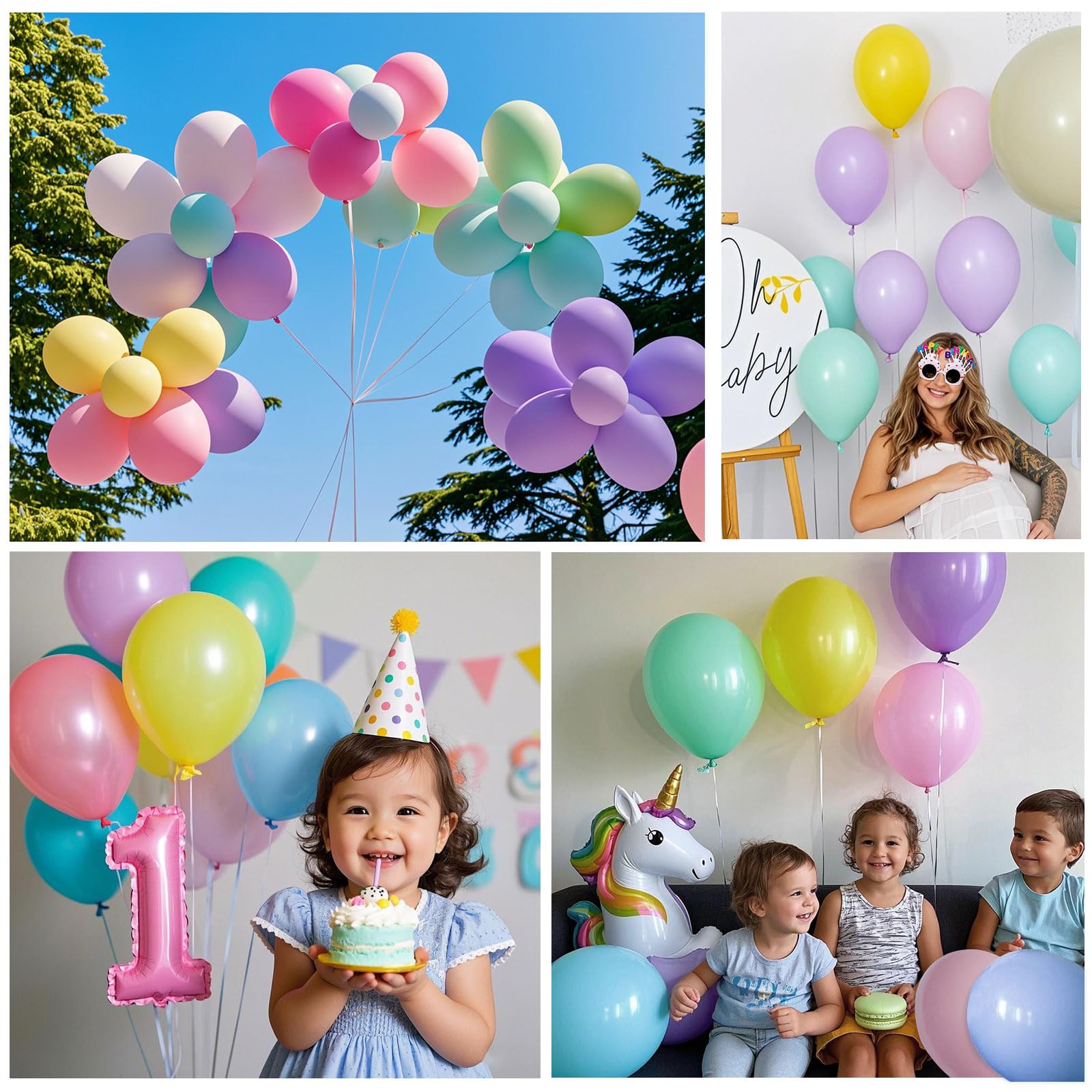 BOMSI Pastel Balloons rainbow backdrop in pastel tones for photo-ready setups.