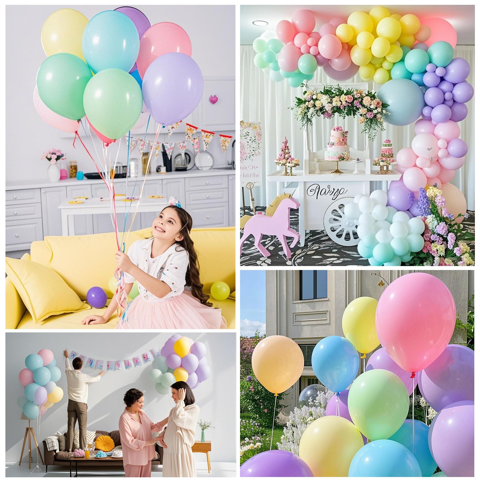 BOMSI Pastel Balloons wedding arch accentuates elegant, soft-color decor.