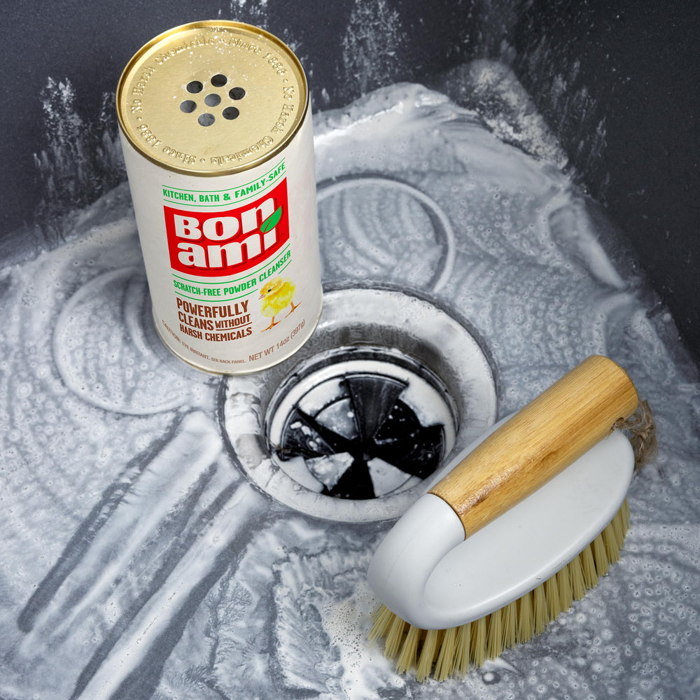 BON AMI powder cleanser cleans stainless steel, chrome, and copper
