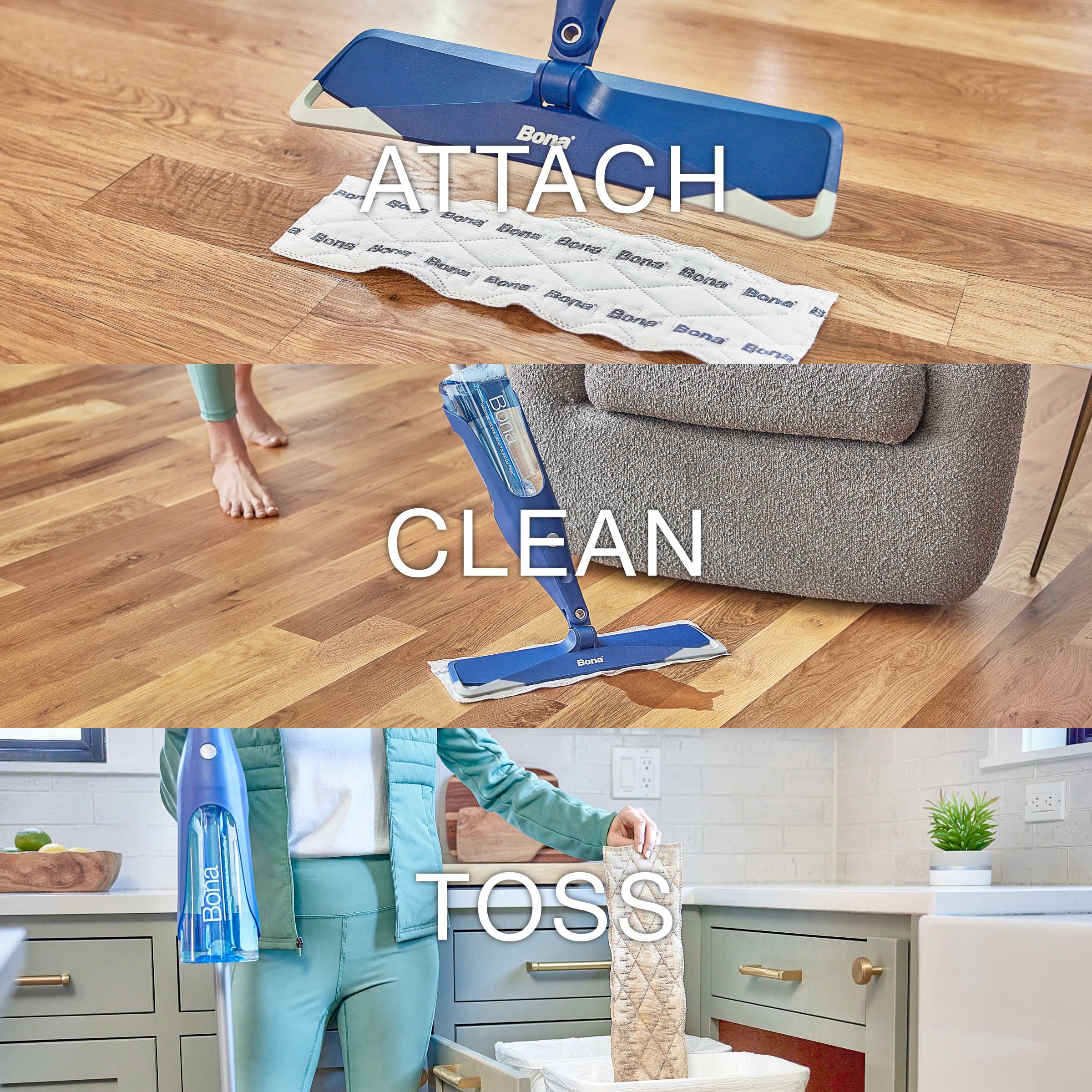 Bona cleaning pads in use on a hard floor for efficient cleaning.