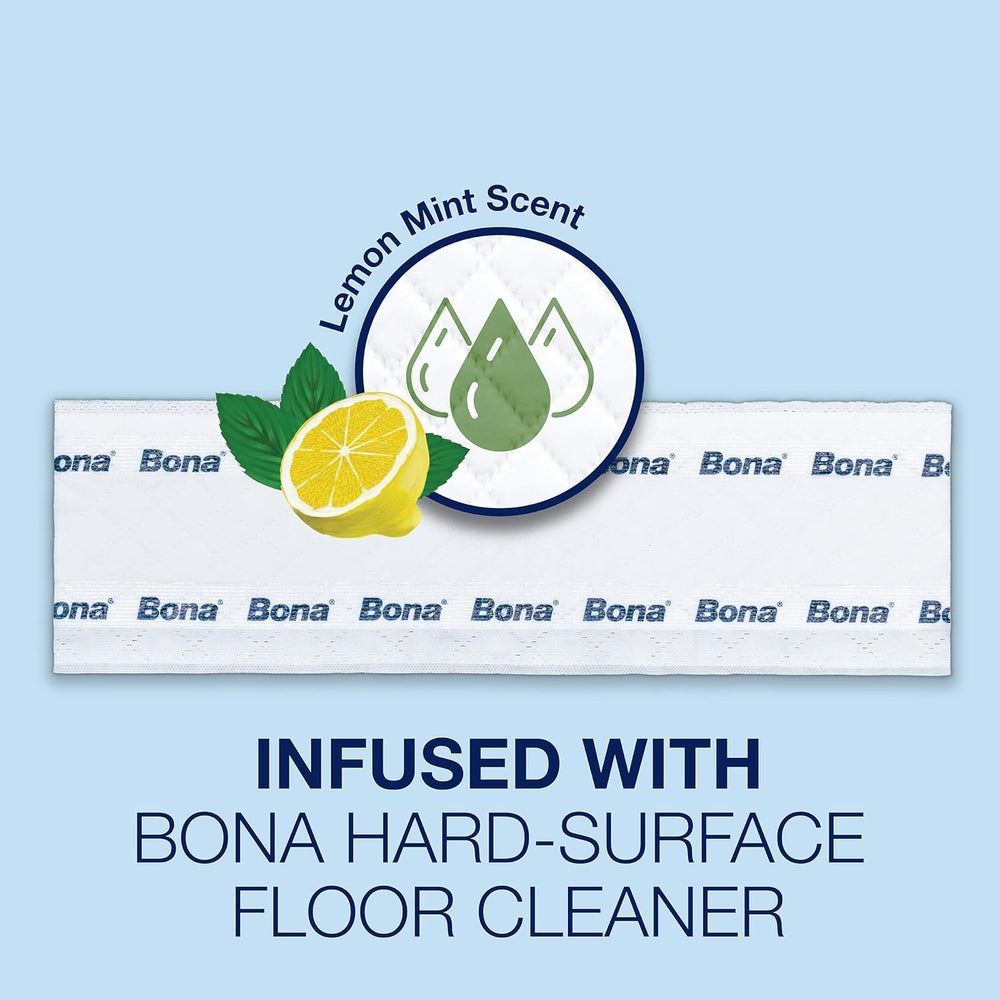 Bona disposable wet cleaning pad with lemon mint scent ready to refresh hard floors.