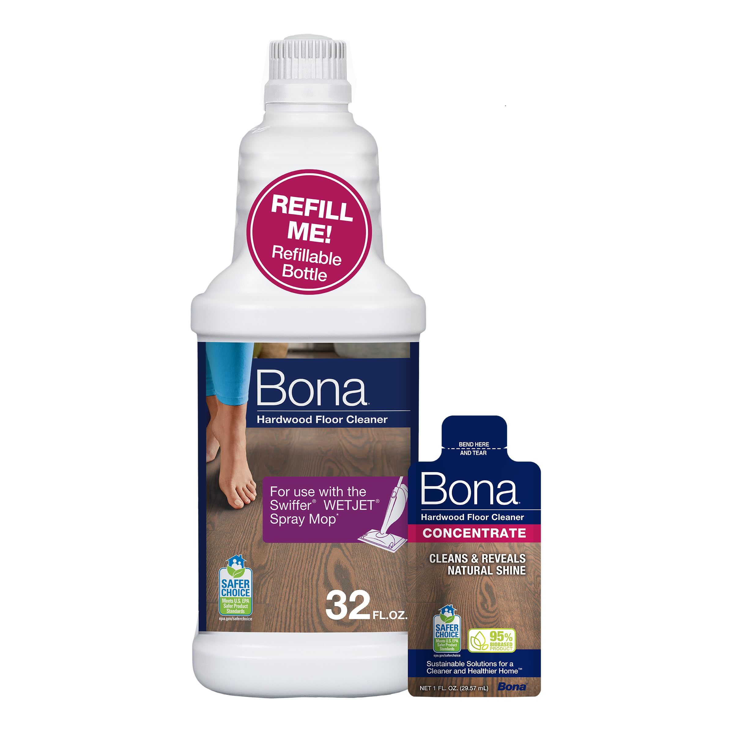 Bona hardwood floor cleaner bottle with Swiffer WetJet for quick cleaning.