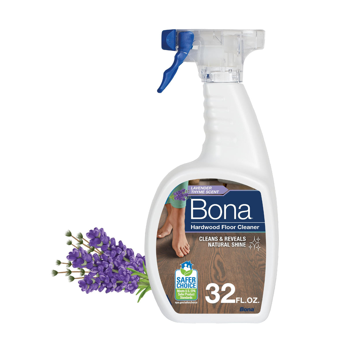 Bona Hardwood Floor Cleaner Spray bottle demonstrates residue-free cleaning for wood floors.