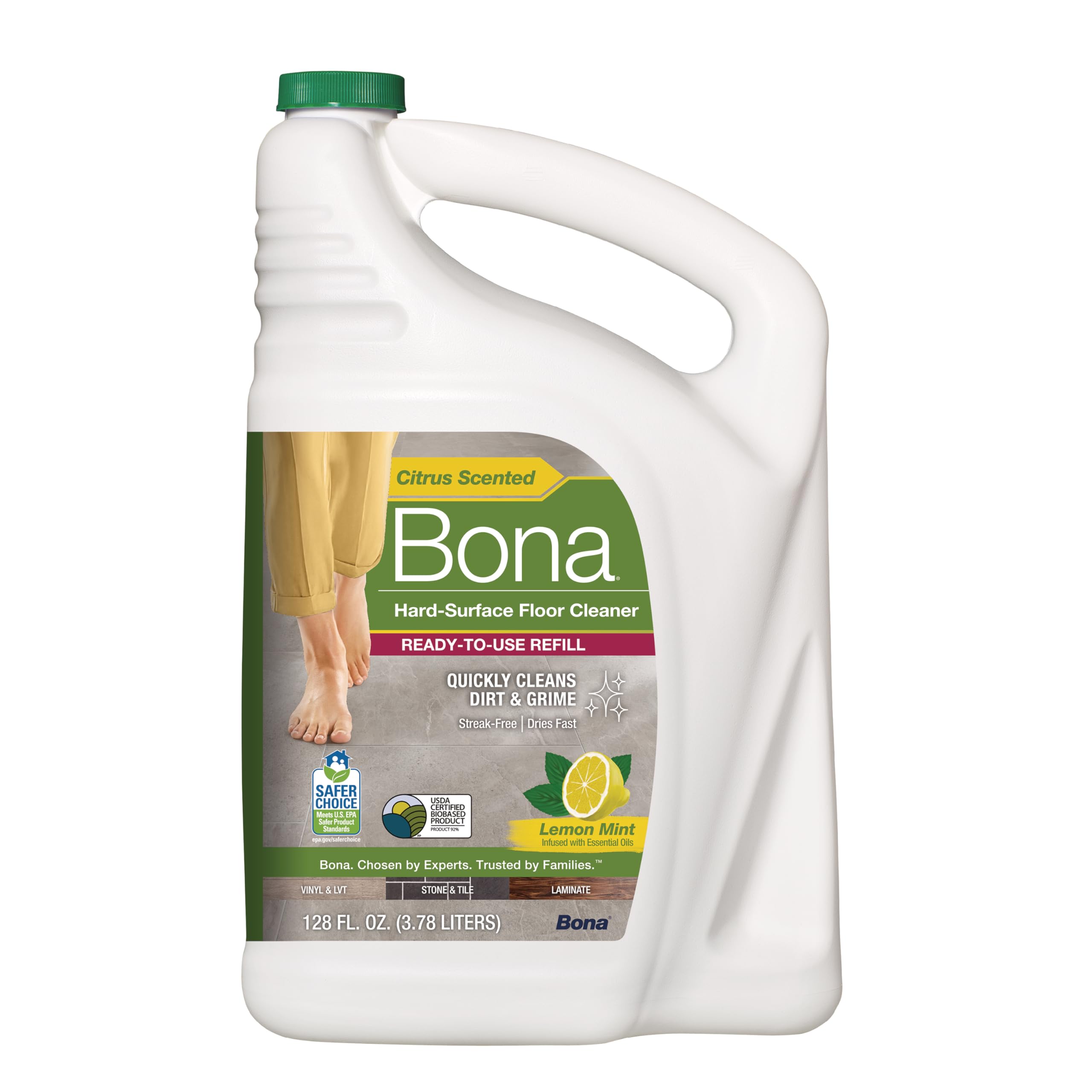 Bona Lemon Mint refill bottle closeup showing residue-free option