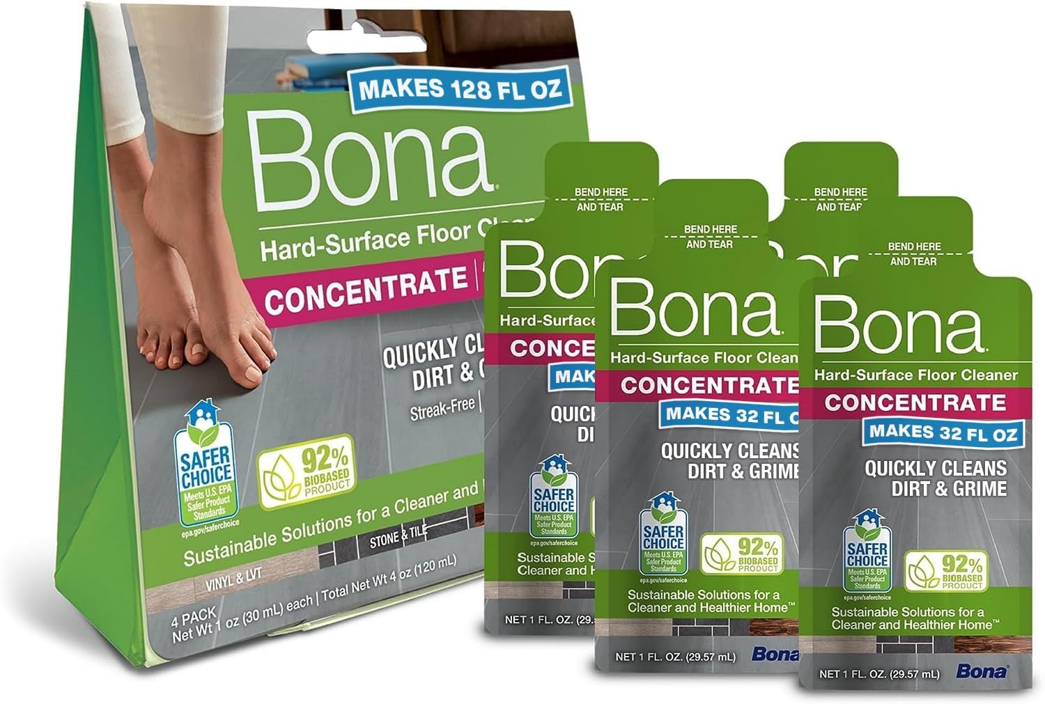 Bona multi-surface concentrate pouch saves plastic and space.