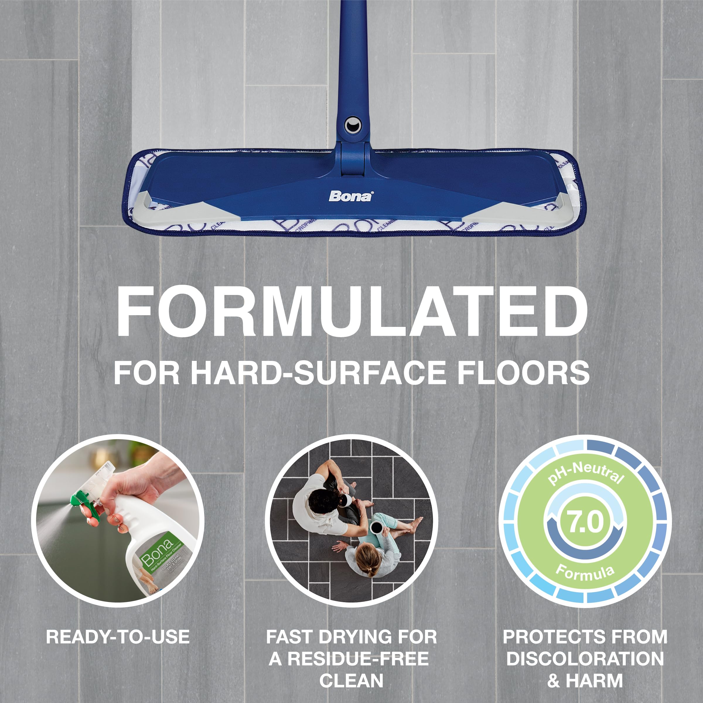 Bona spray-mist demonstrates unscented formula safe for stone, tile, laminate and vinyl.