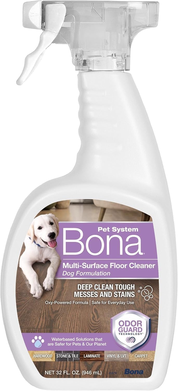 Bona Pet Spray Odor Eliminator bottle sits on a counter, ready to clean dog messes.