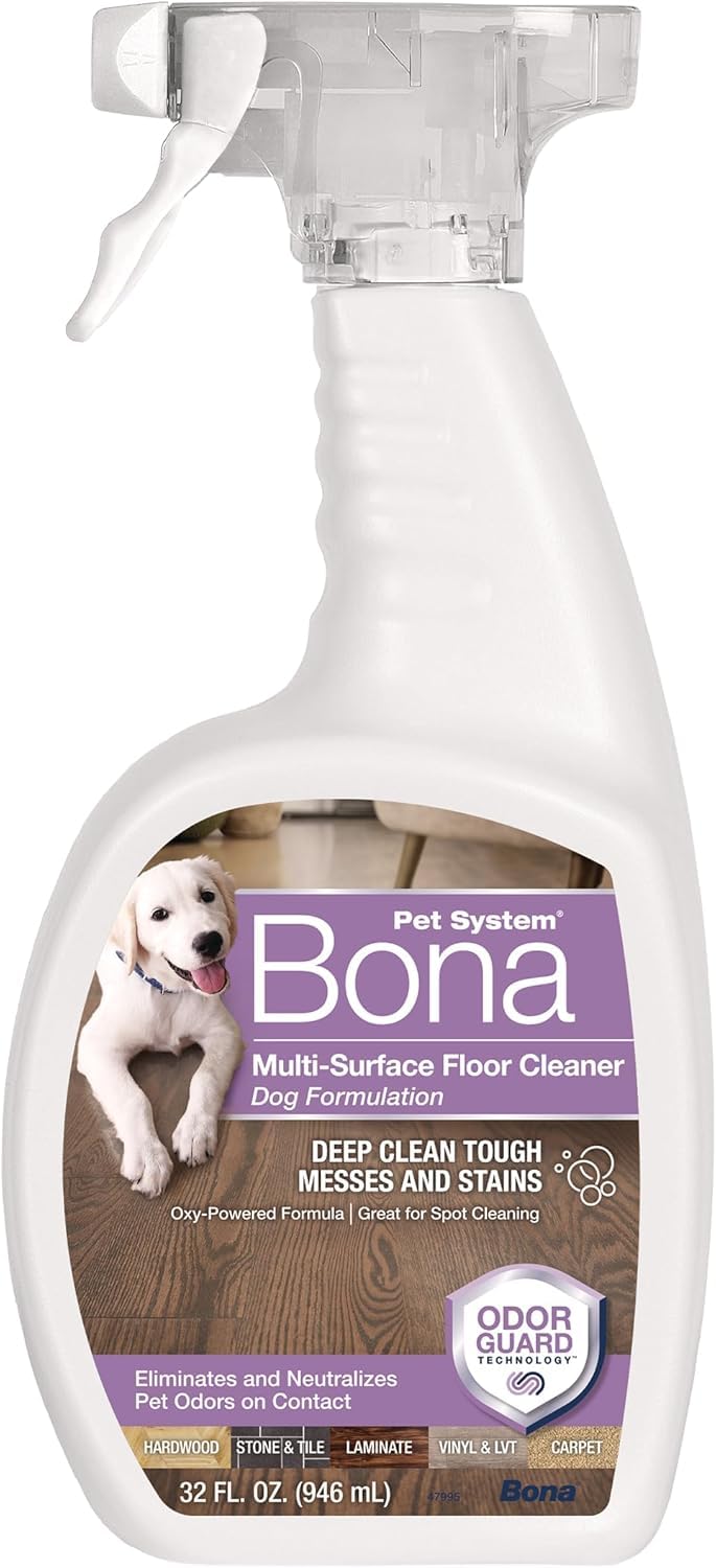 Bona Pet Spray Odor Eliminator demonstrates Odor Guard technology neutralizing odors on hardwood floors.