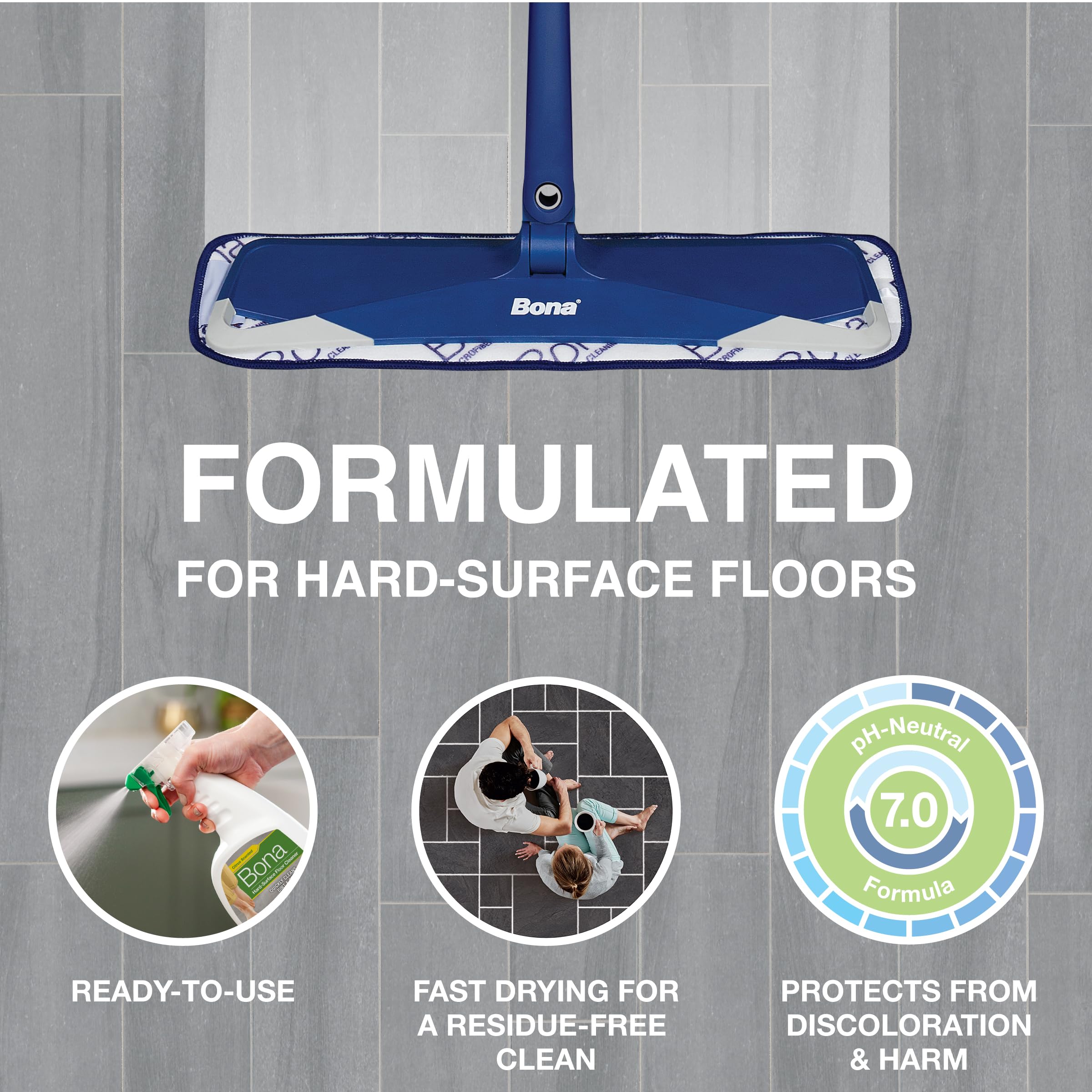 pH-neutral Bona cleaner safe for stone, tile, and laminate floors.