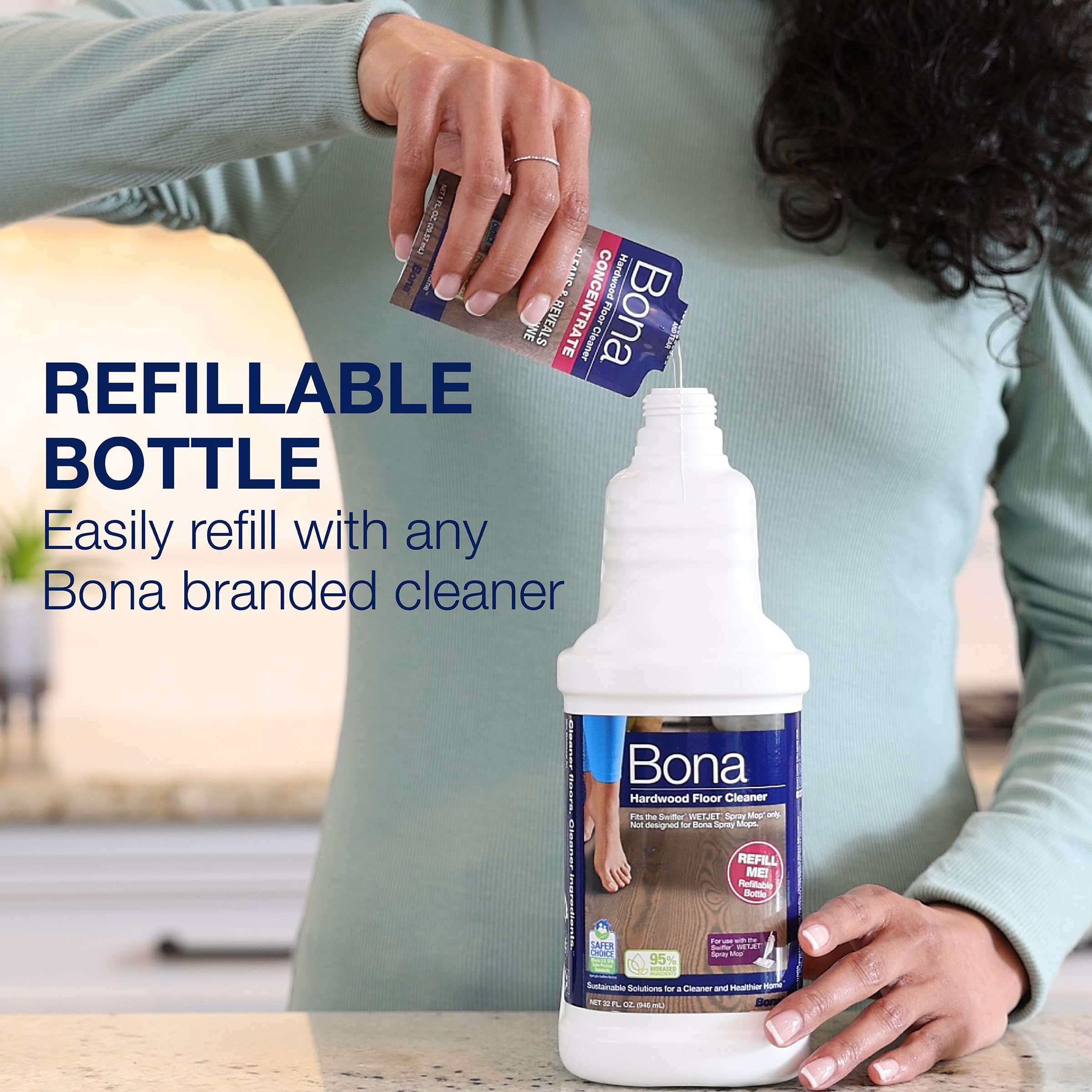 Refillable Bona bottle enables simple refills and less plastic.