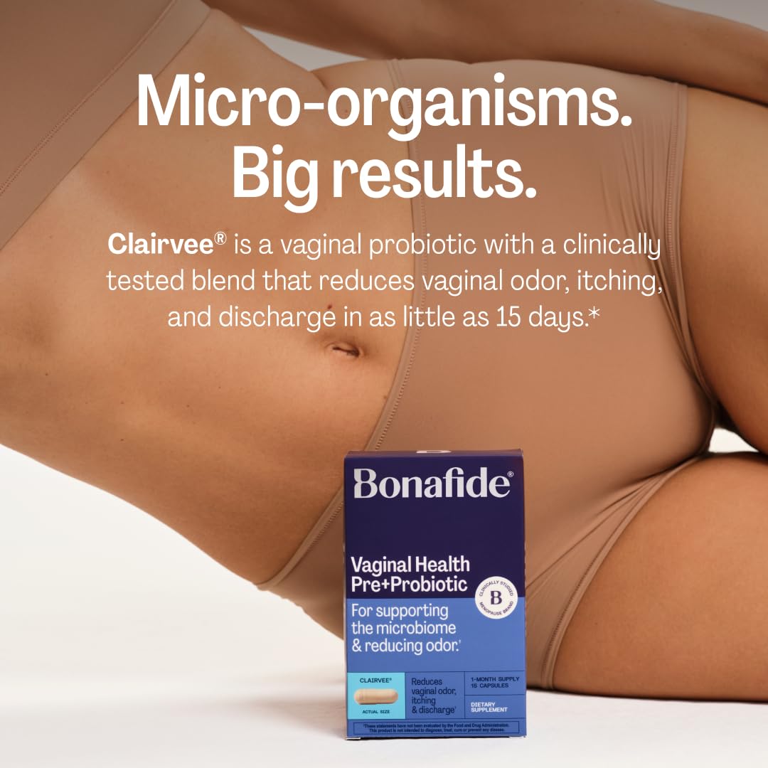 Bonafide Clairvee packaging emphasizes hormone-free relief and clinical backing.