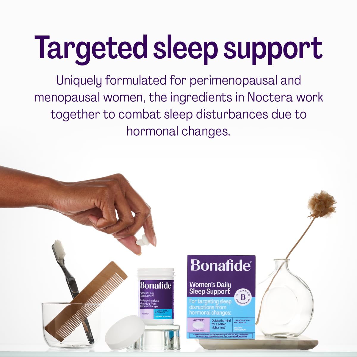 Noctera tablets close-up highlighting melatonin-free sleep support.