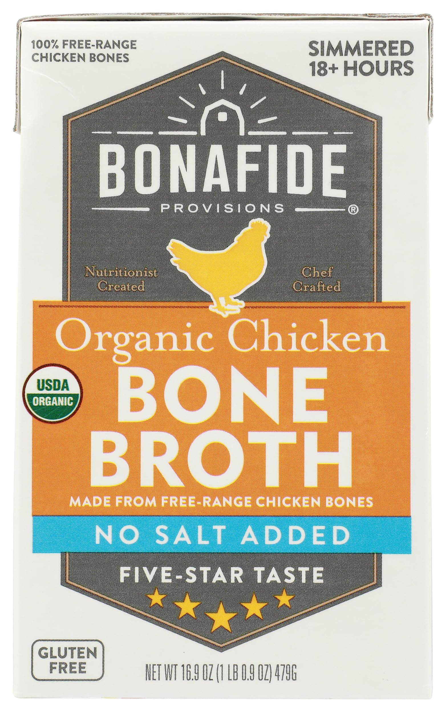 Bonafide Provisions chicken bone broth bottle on shelf highlighting organic no-salt formula for everyday soups.