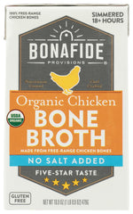 Bonafide Provisions chicken bone broth bottle on shelf highlighting organic no-salt formula for everyday soups.