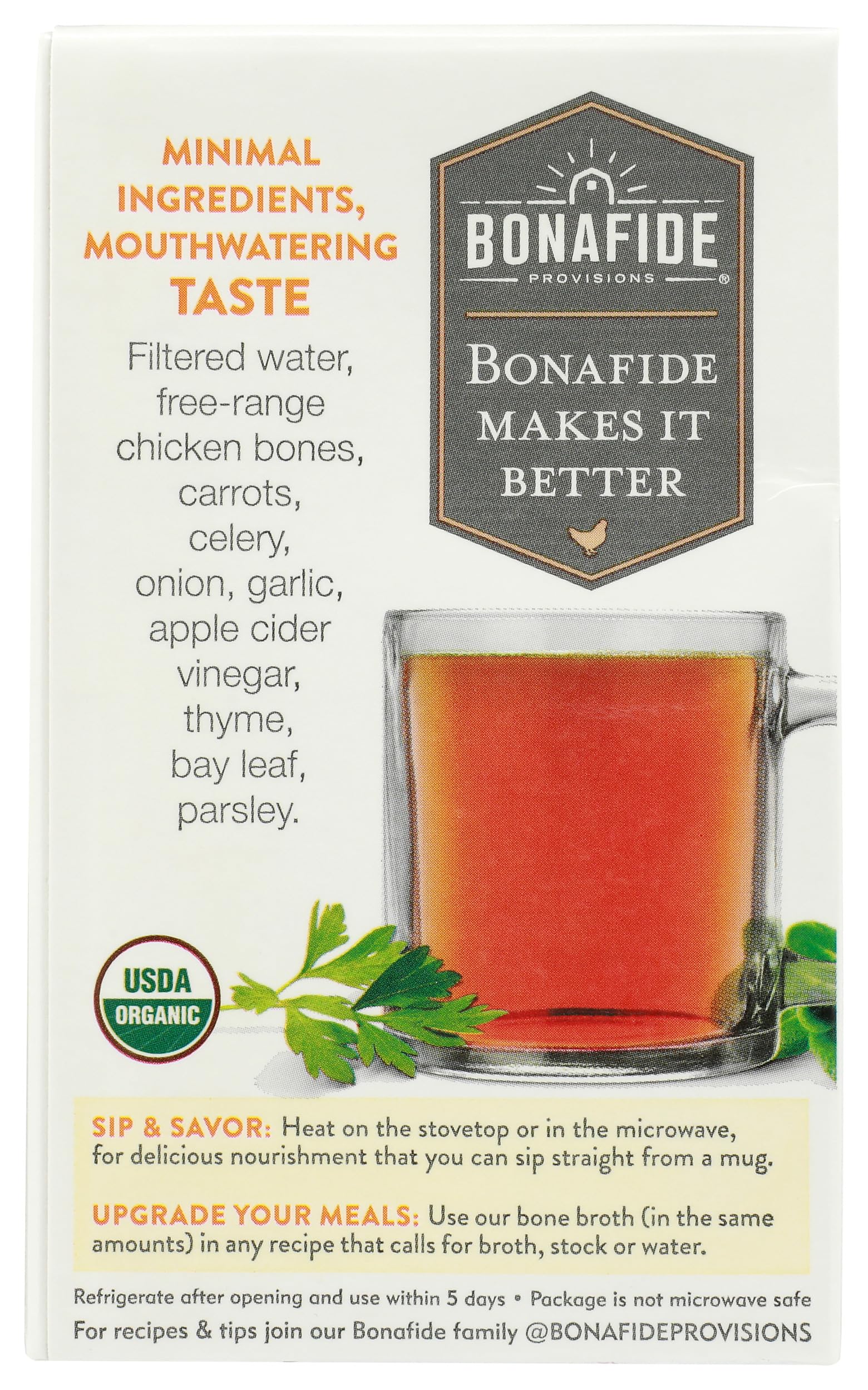 Bonafide Provisions bone broth being poured for a convenient cooking base.