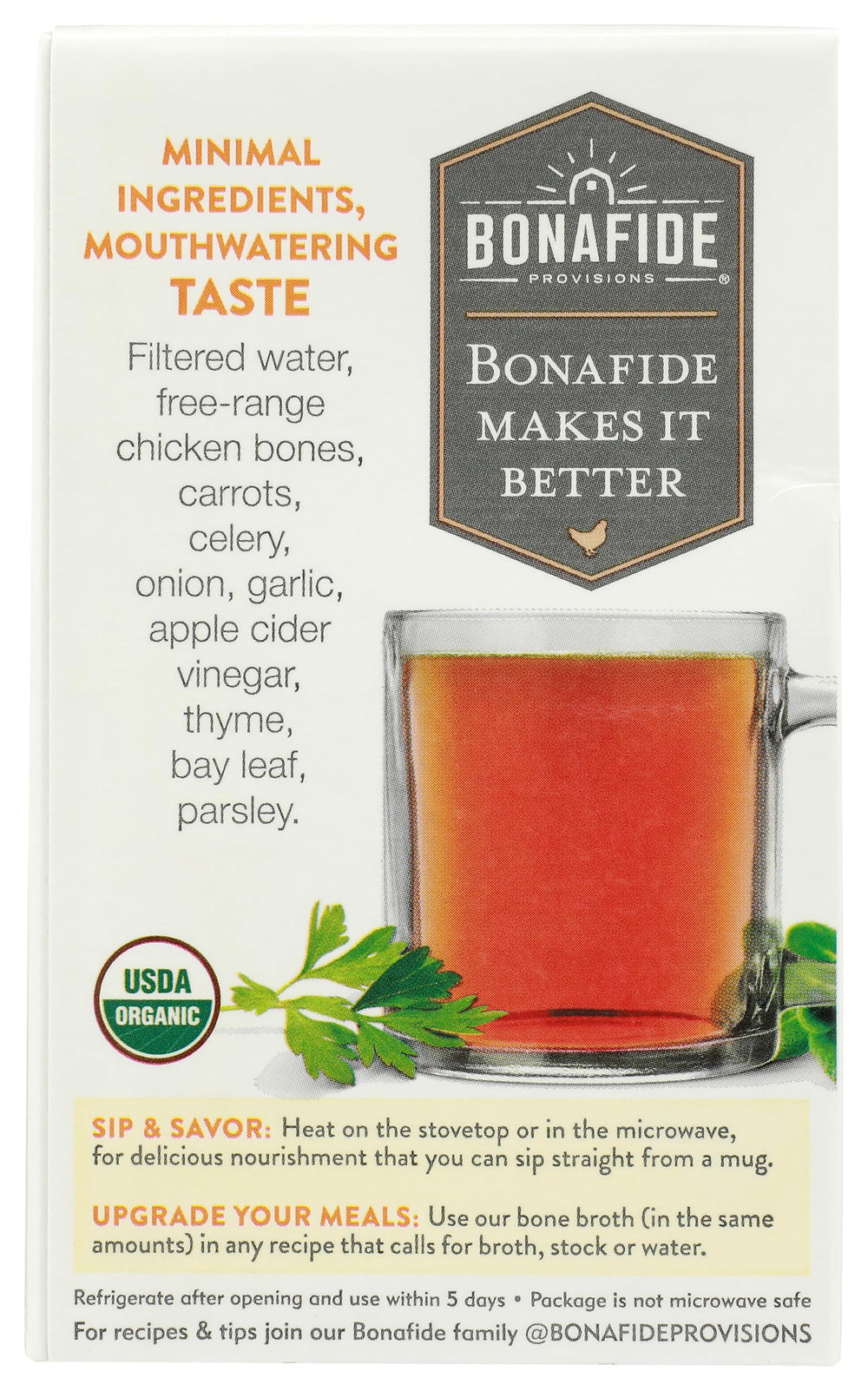 Bonafide Provisions bone broth being poured for a convenient cooking base.