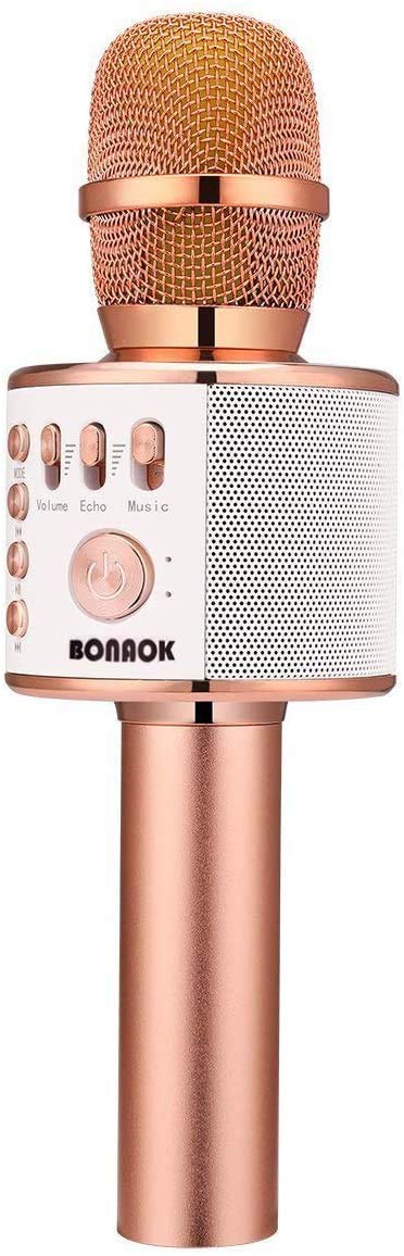 BONAOK Rose Gold wireless karaoke microphone front view shows portable party sound