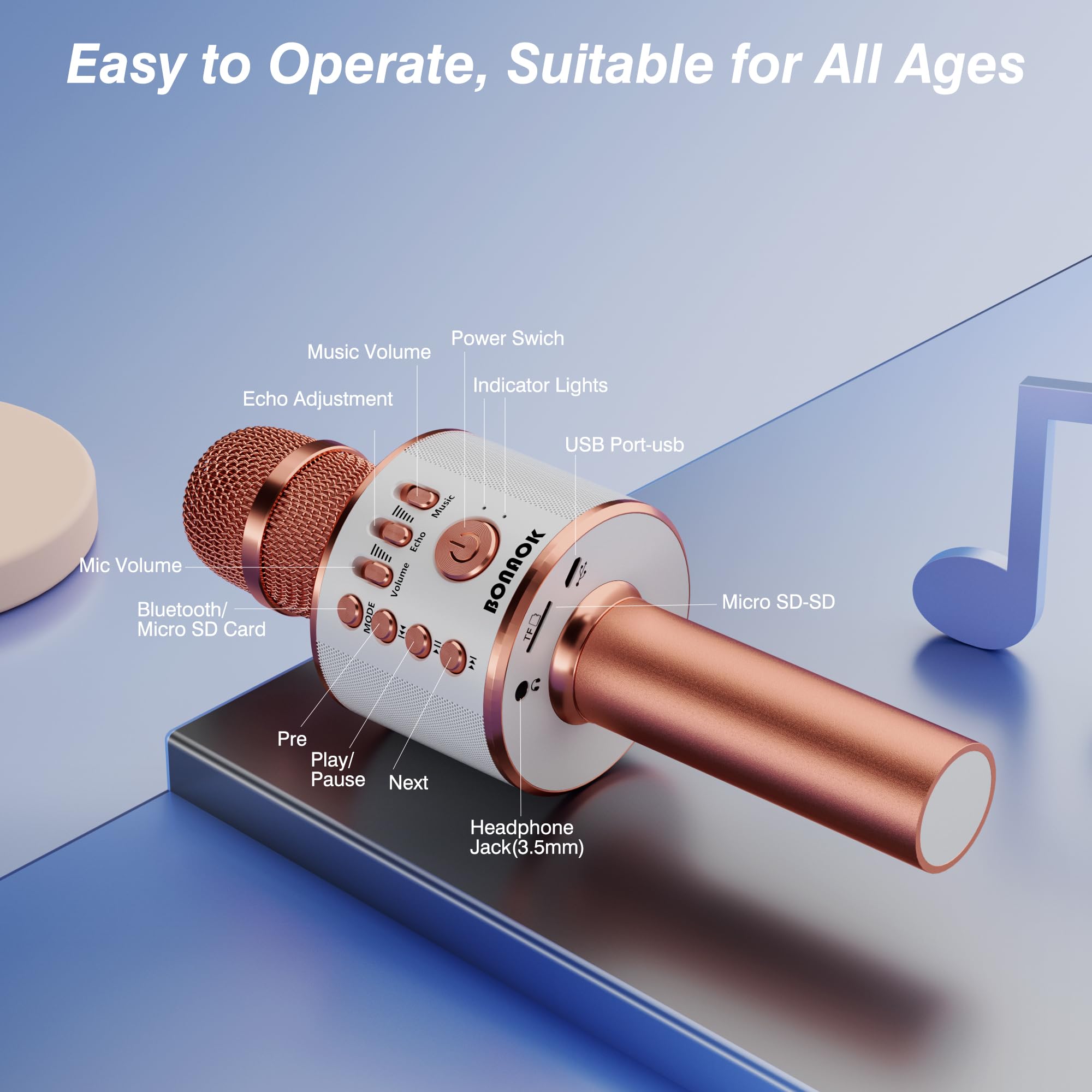 BONAOK Rose Gold mic displayed with microSD slot for expanded music playback