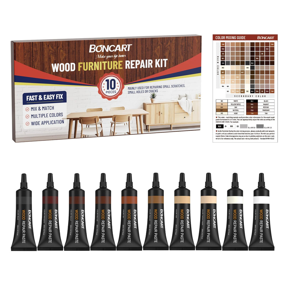 Boncart repair kit with ten color fillers for seamless wood color matching.