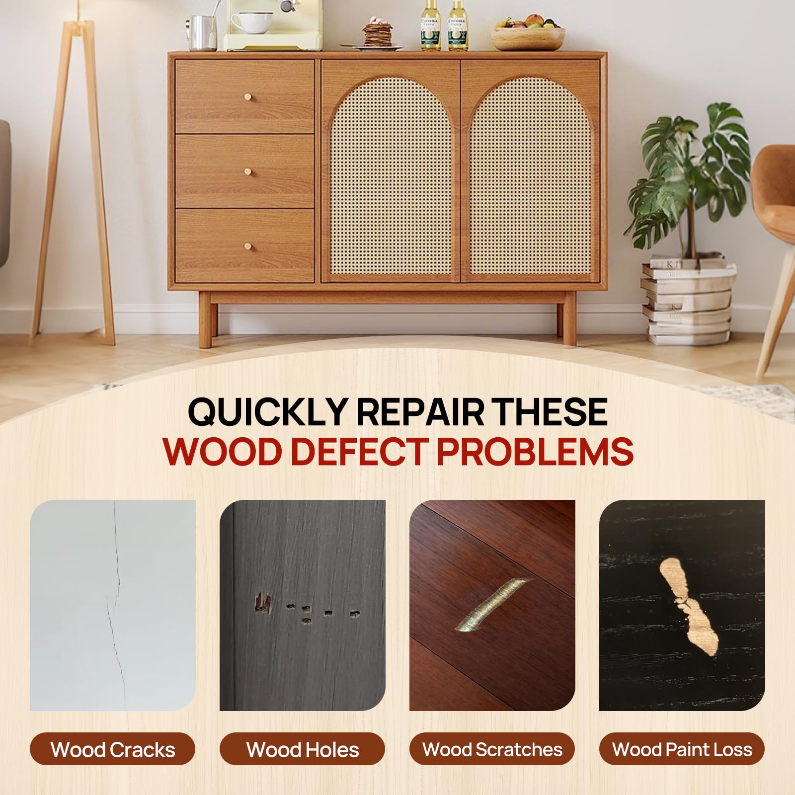 Close-up of wood scratch repair using Boncart colors on furniture.