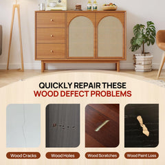 Close-up of wood scratch repair using Boncart colors on furniture.