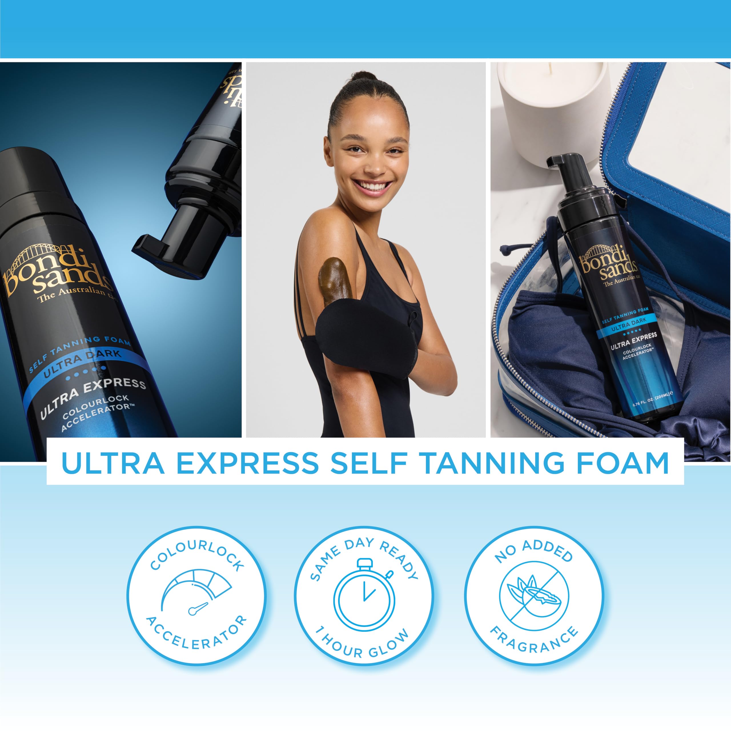 Bondi Sands application glide shows smooth, streak-free coverage.