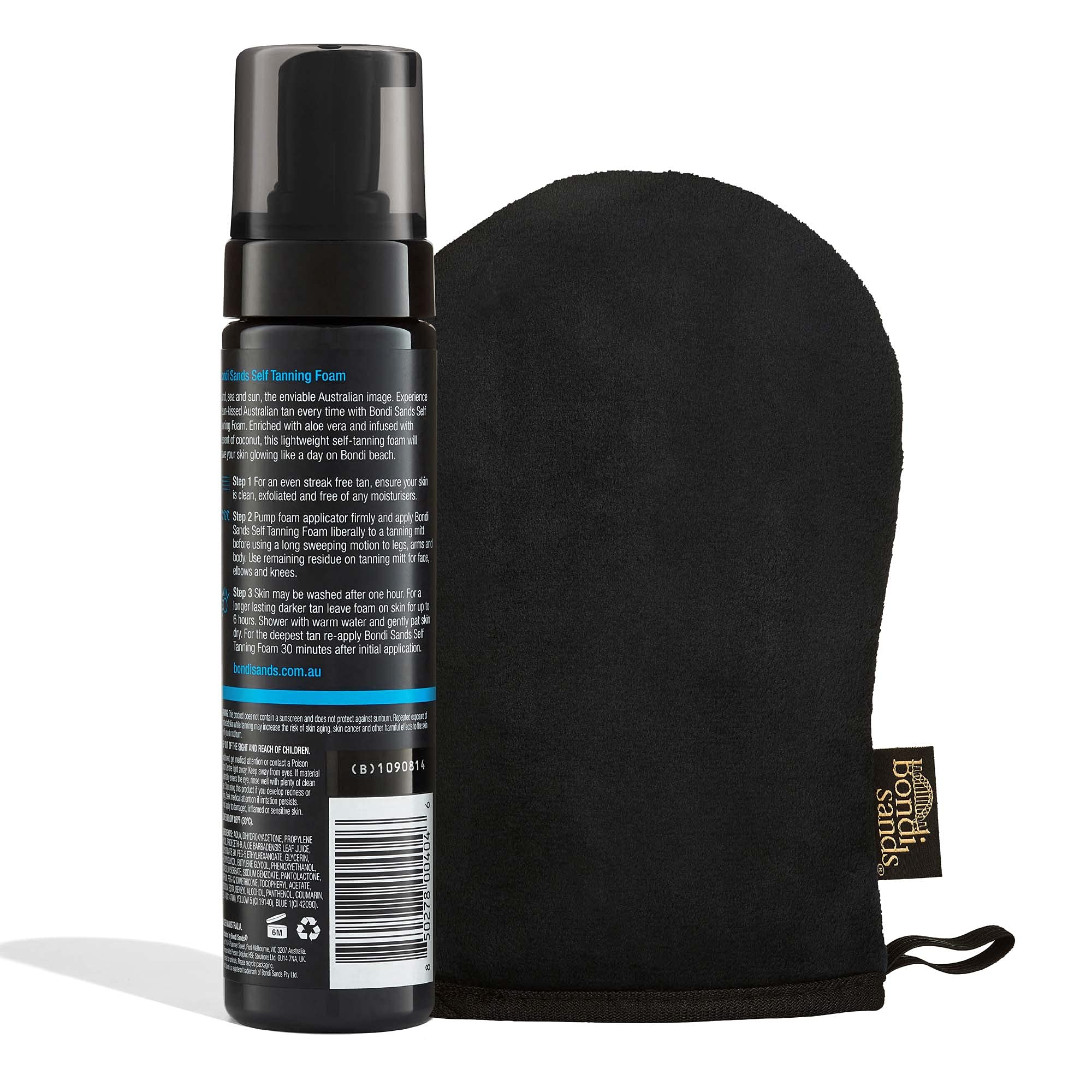 Bondi Sands application mitt, double-sided, prevents streaks during use.