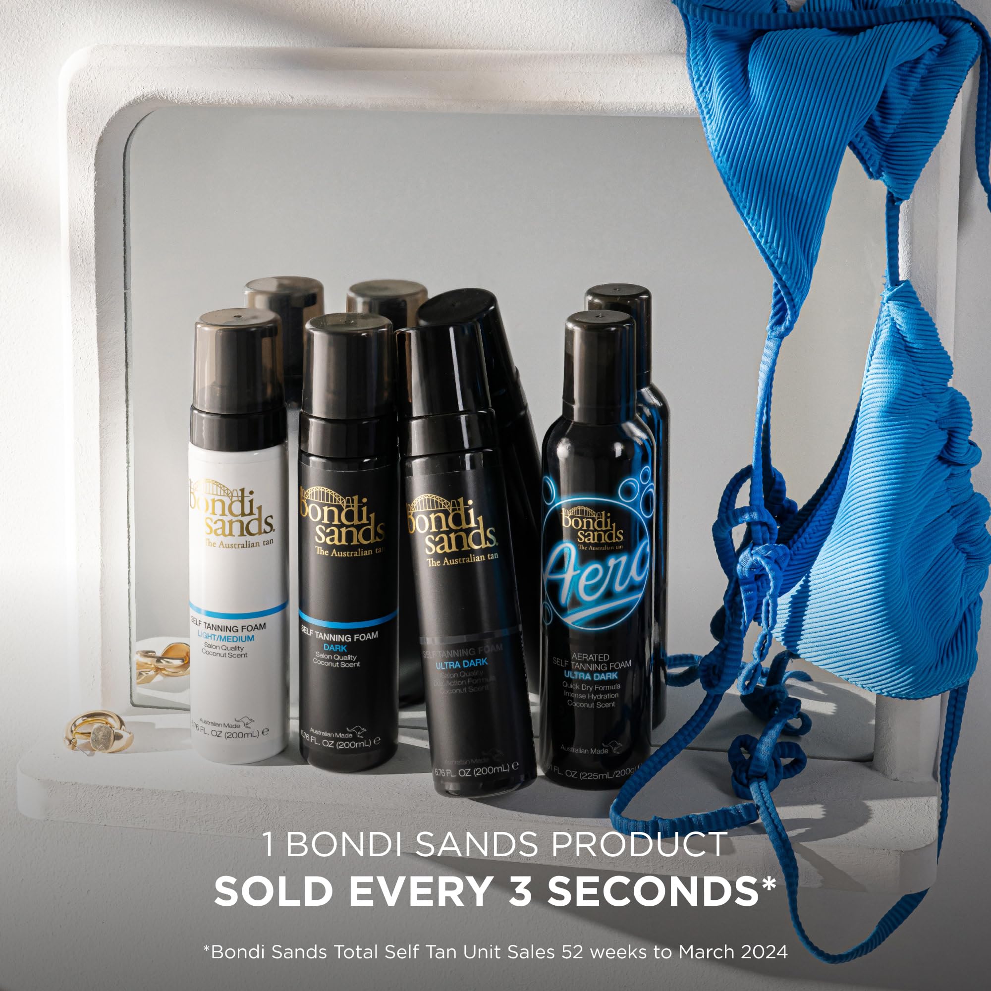 Dark tan result envisioned with sweeping motions on clean skin.