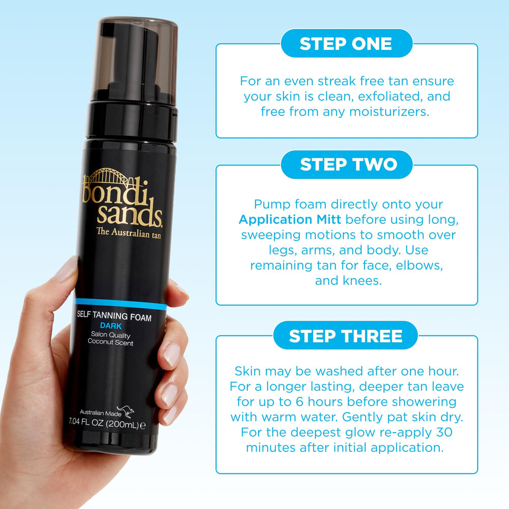 Self tanning foam bottle shown with smooth, even finish.