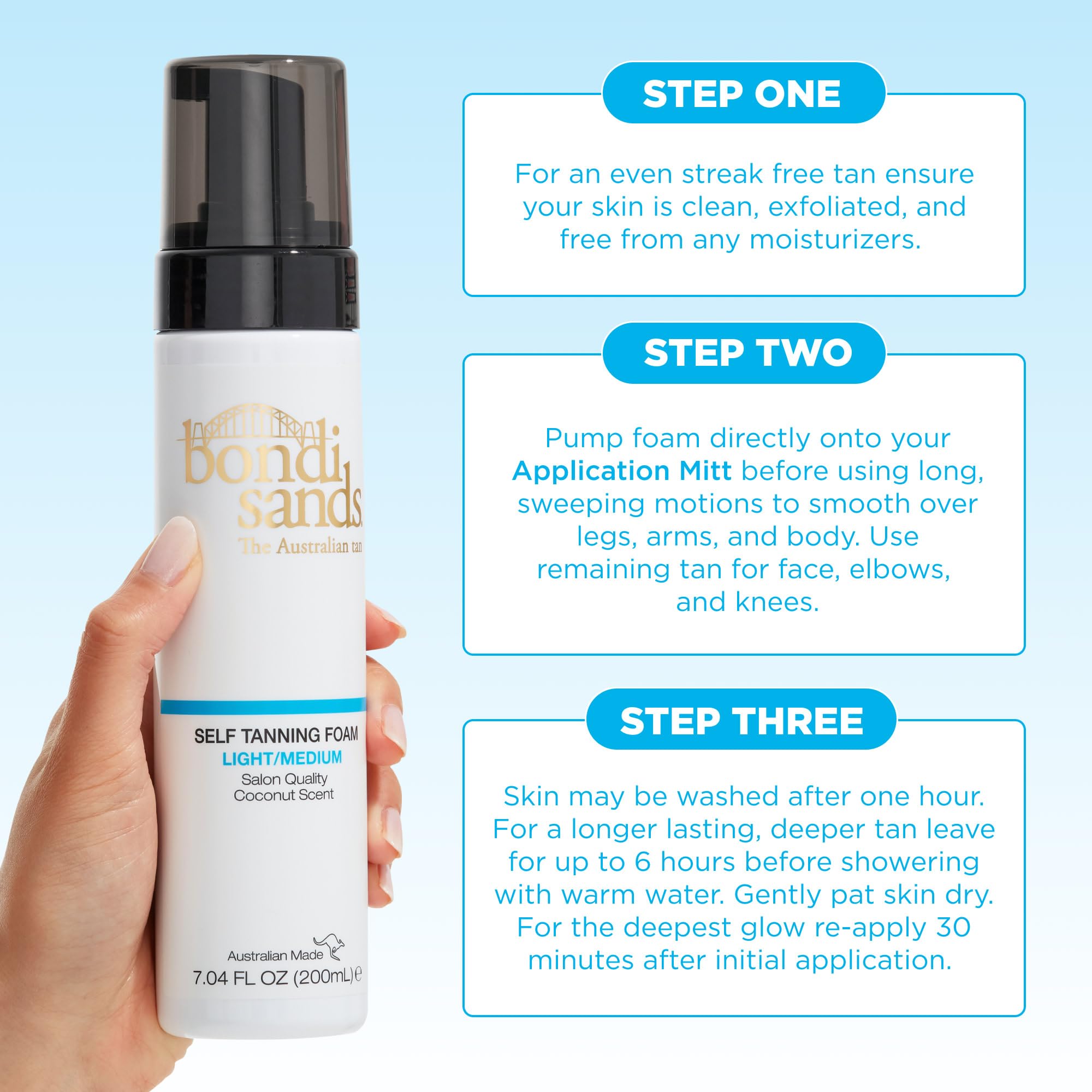 Bondi Sands streak-free finish achieved with smooth, even glide.