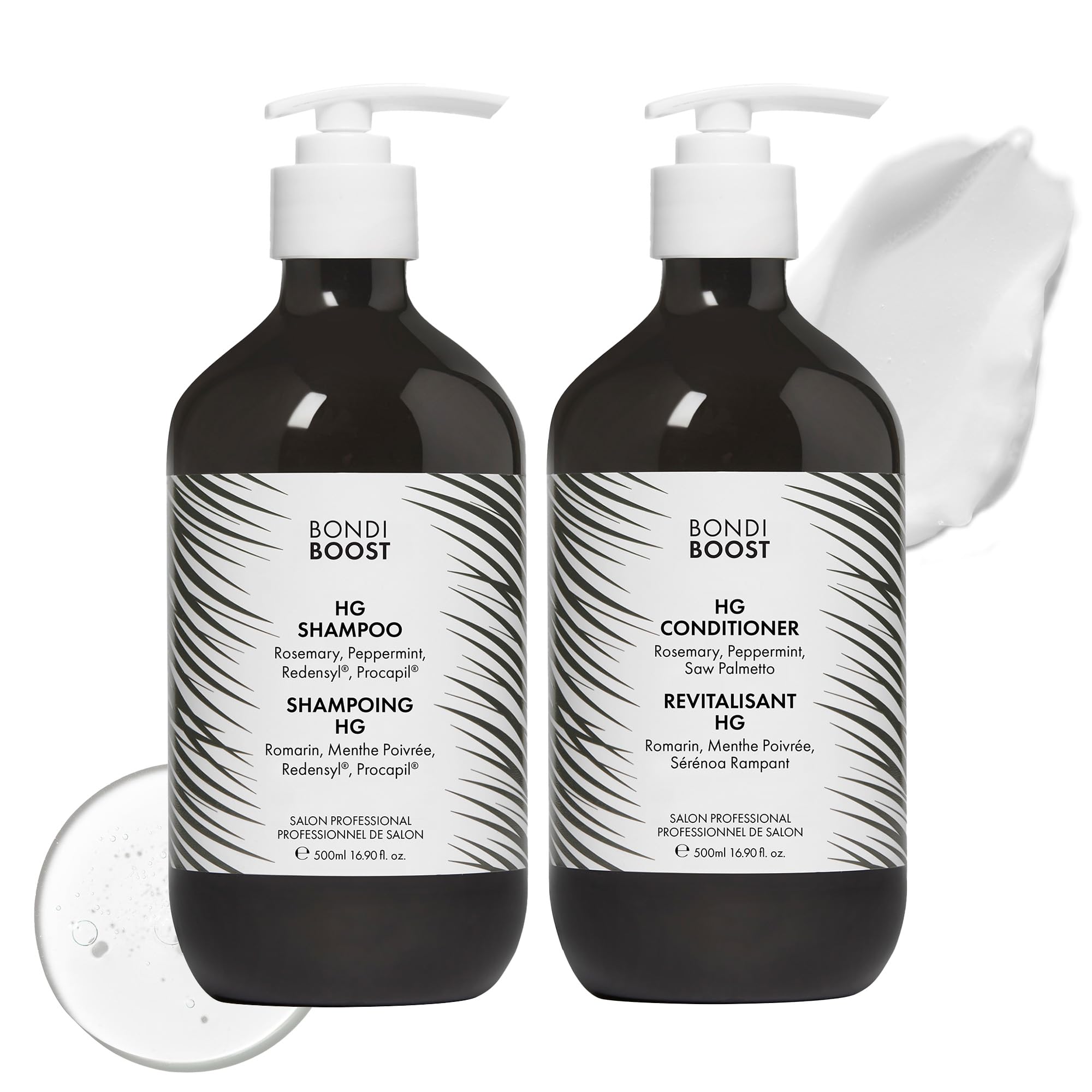 BondiBoost HG shampoo bottle close-up promoting fuller-looking hair