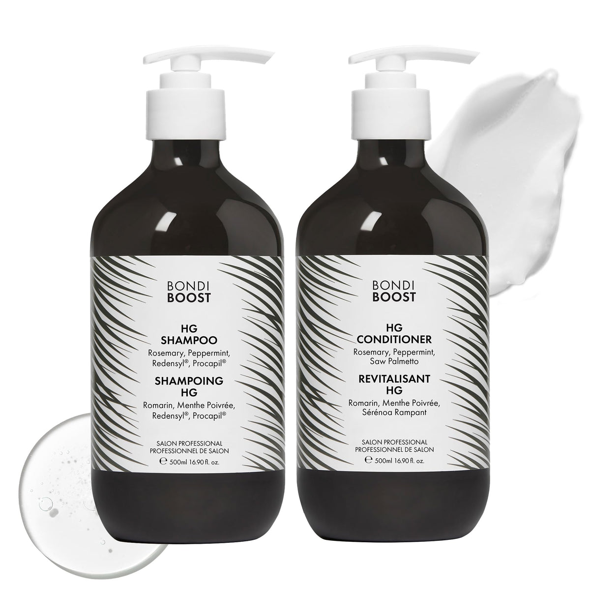 BondiBoost HG shampoo bottle close-up promoting fuller-looking hair