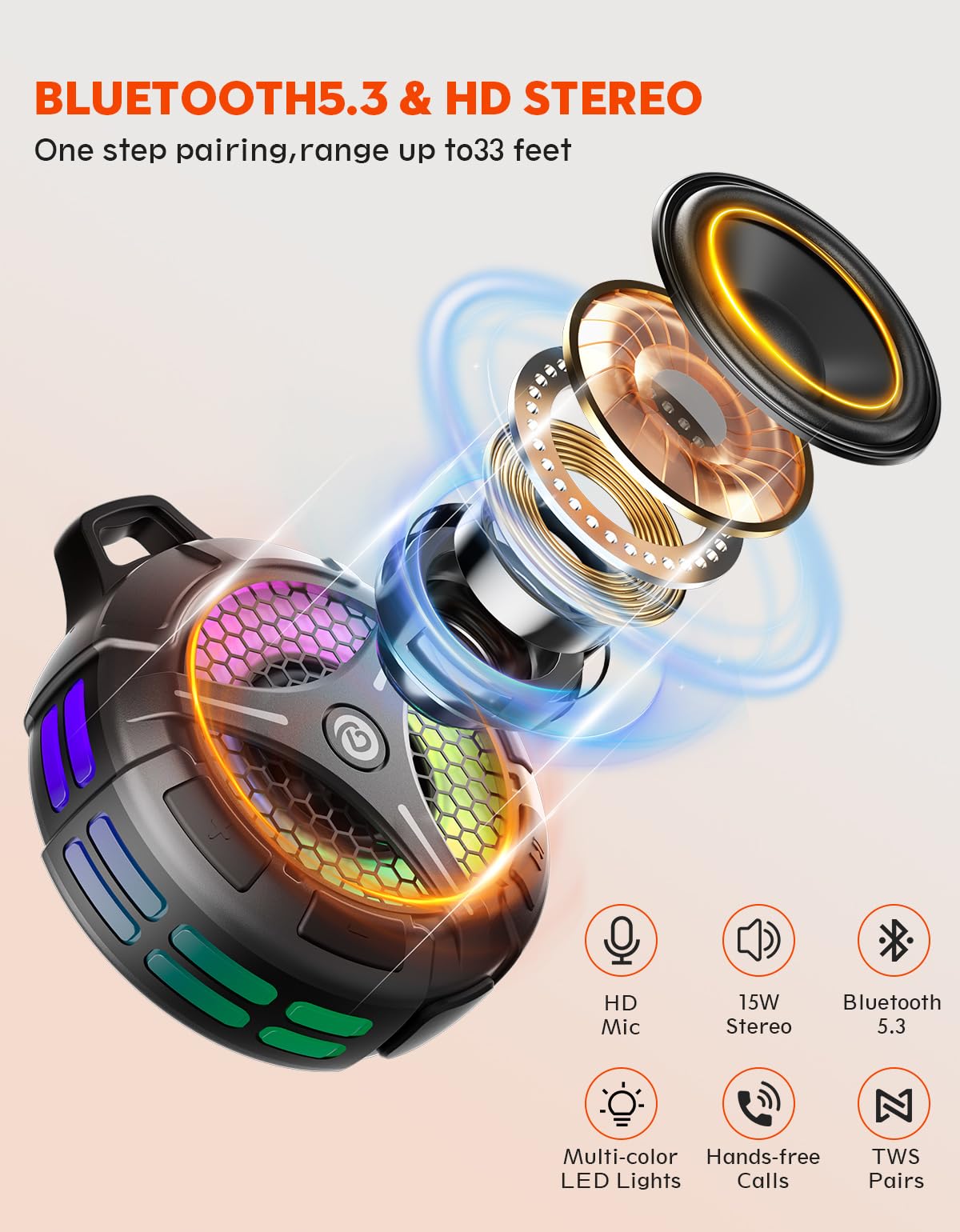 Bondidea shower speaker mounted on tile using suction cup for hands-free music.