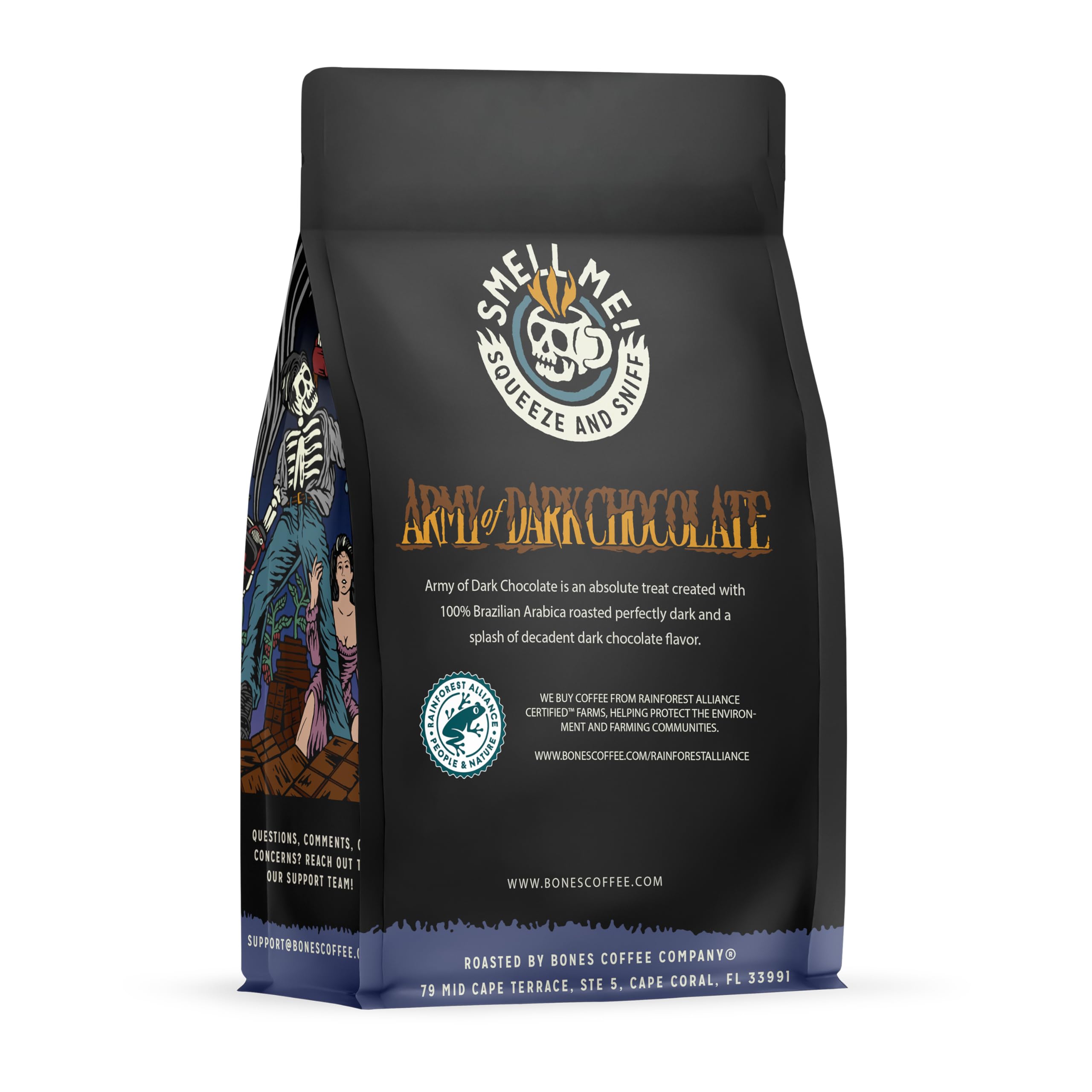 Bones Coffee Army of the Dark Chocolate flavored coffee beans with bold aroma, ideal for quick morning brew