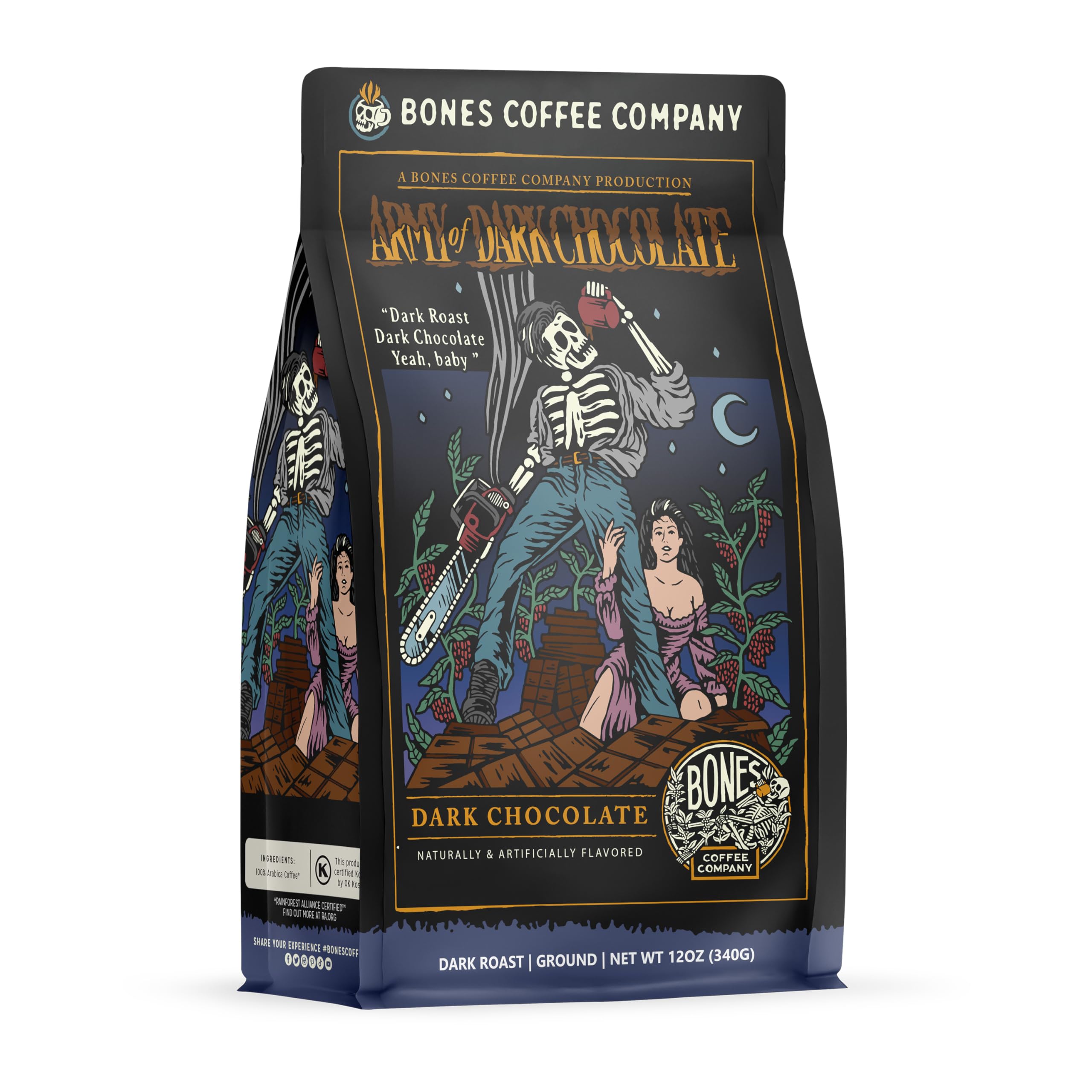 Bones Coffee Army of the Dark Chocolate ground coffee bag with rich aroma for auto-drip brews