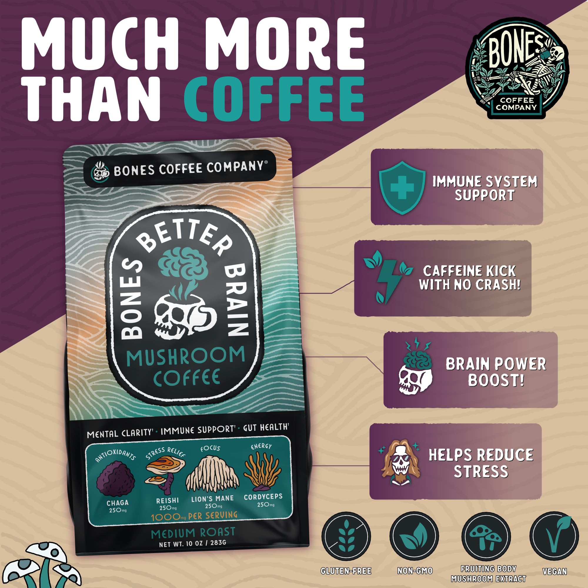 Bones Coffee Better Brain drip brew close-up emphasizing brain-boosting mushroom blend aroma.
