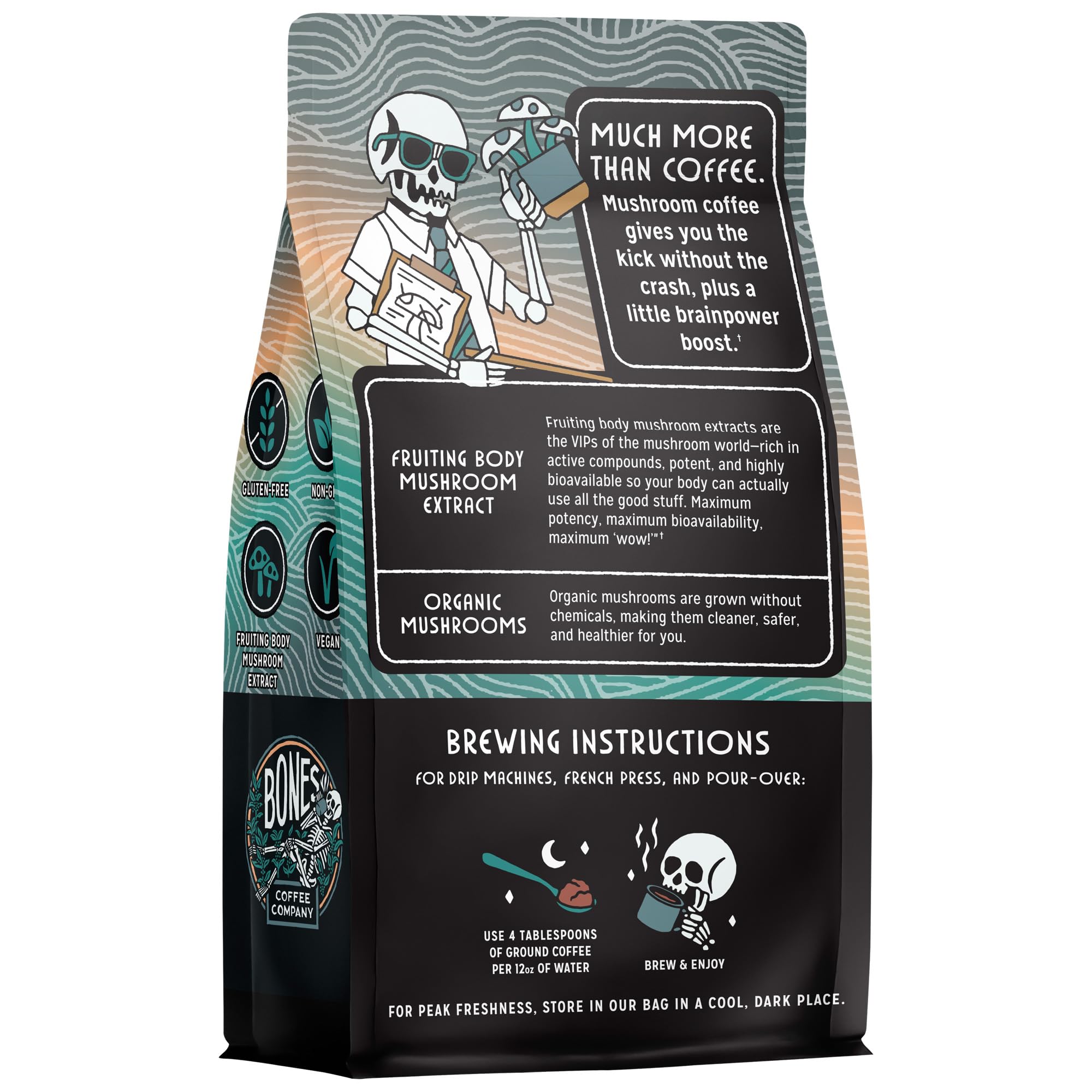 Bones Coffee Better Brain French press scene highlighting easy, quick energizing brew.