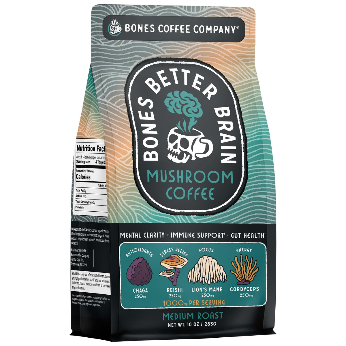 Bones Coffee Better Brain ground coffee bag for a smooth, low-acid morning ritual.