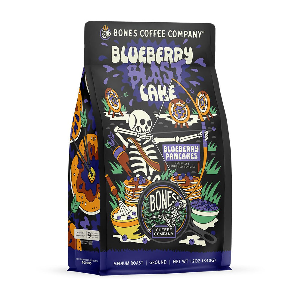 Bones Coffee Blueberry Blast Cake bag shows fresh beans for a vibrant morning aroma.