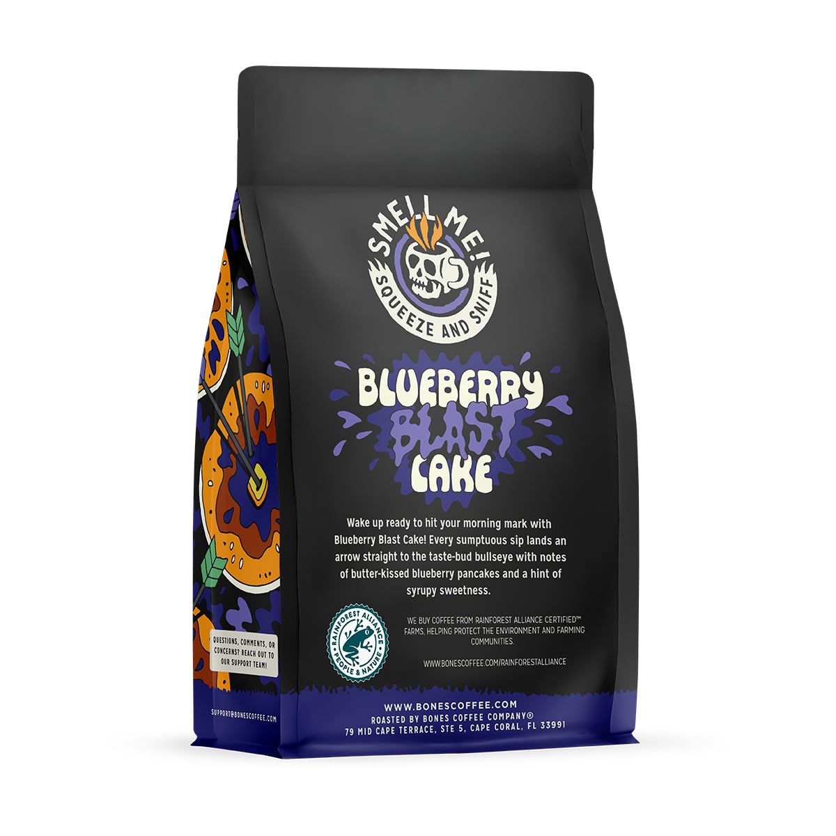 Bones Coffee Blueberry Blast Cake ground coffee for auto drip and even extraction.