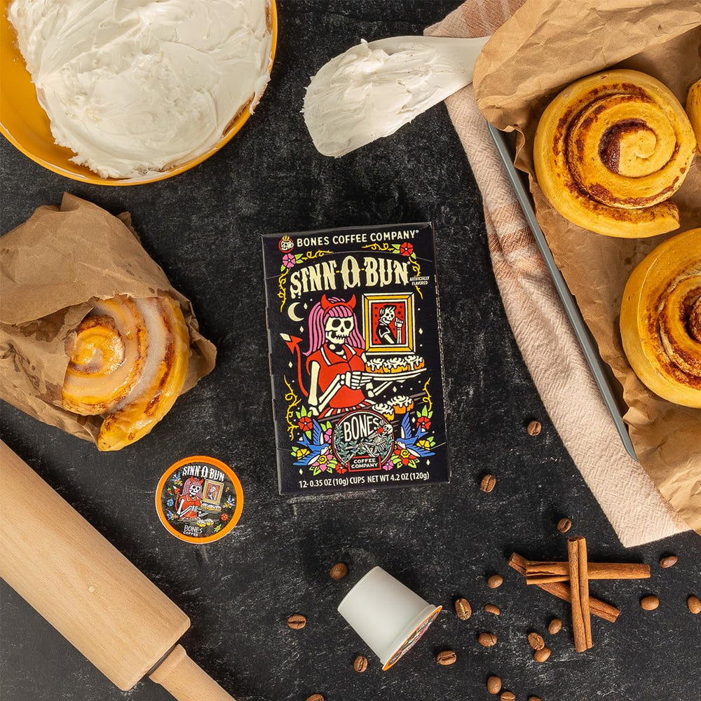 Bones Coffee Cinnamon Roll bag showcasing resealable freshness seal