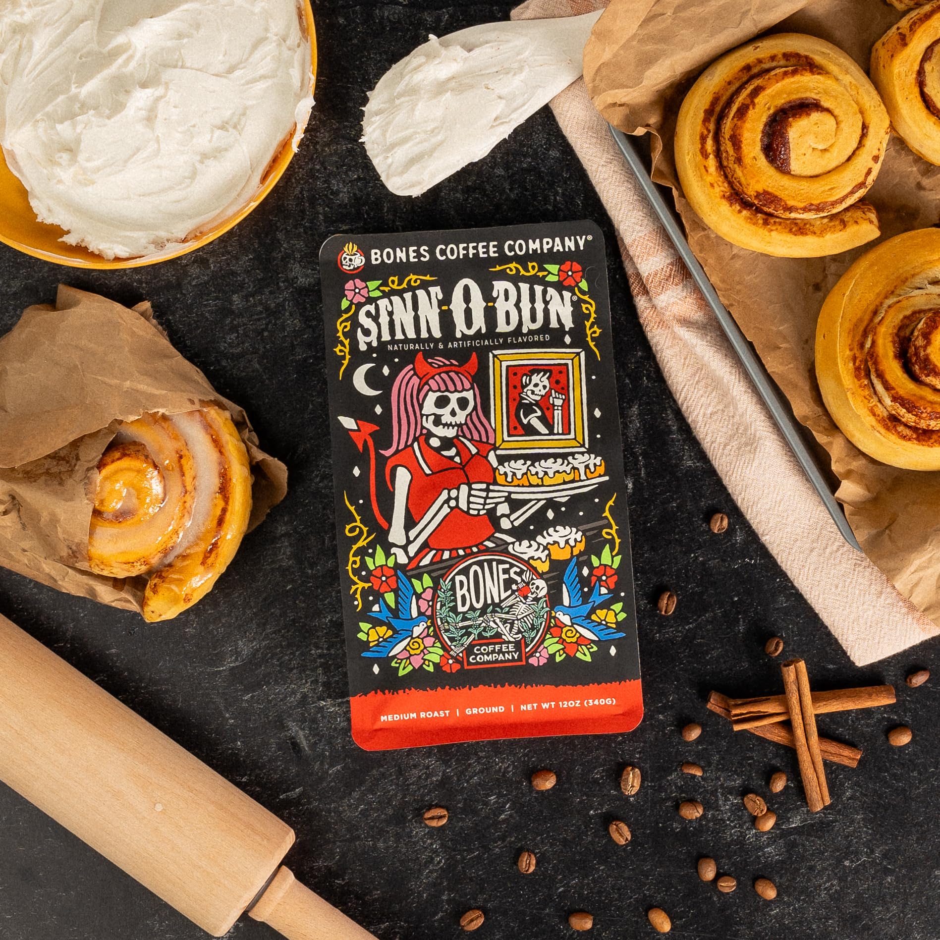 Bones Coffee Cinnamon Roll Beans Closeup: ethically sourced Brazilian beans with a silky aroma.