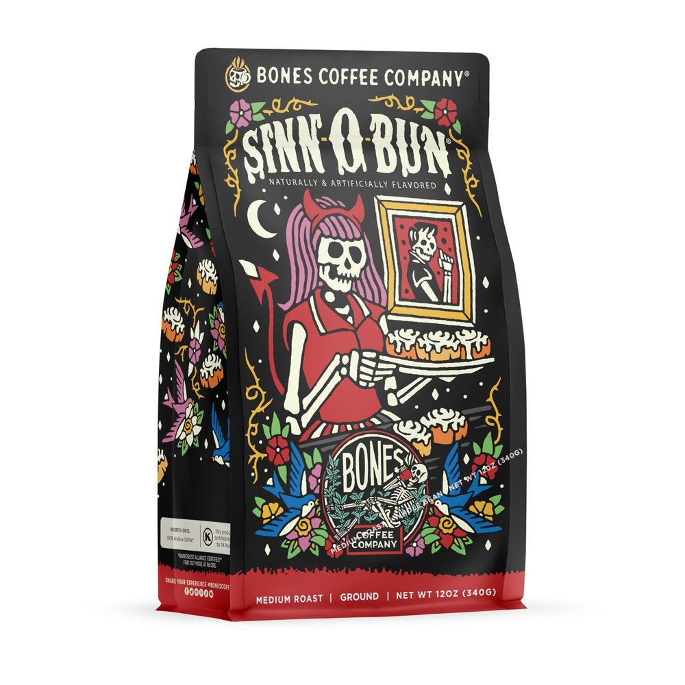 Bones Coffee Cinnamon Roll Cup image: a smooth, aromatic morning treat in every sip.