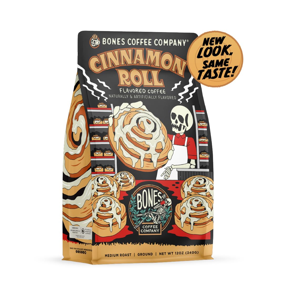 Bones Coffee Cinnamon Roll Ground Coffee Bag: versatile grind for auto-drip, french press, or pour-over.