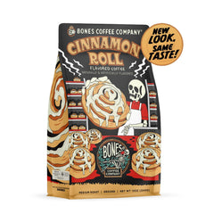 Bones Coffee Cinnamon Roll Ground Coffee Bag: versatile grind for auto-drip, french press, or pour-over.