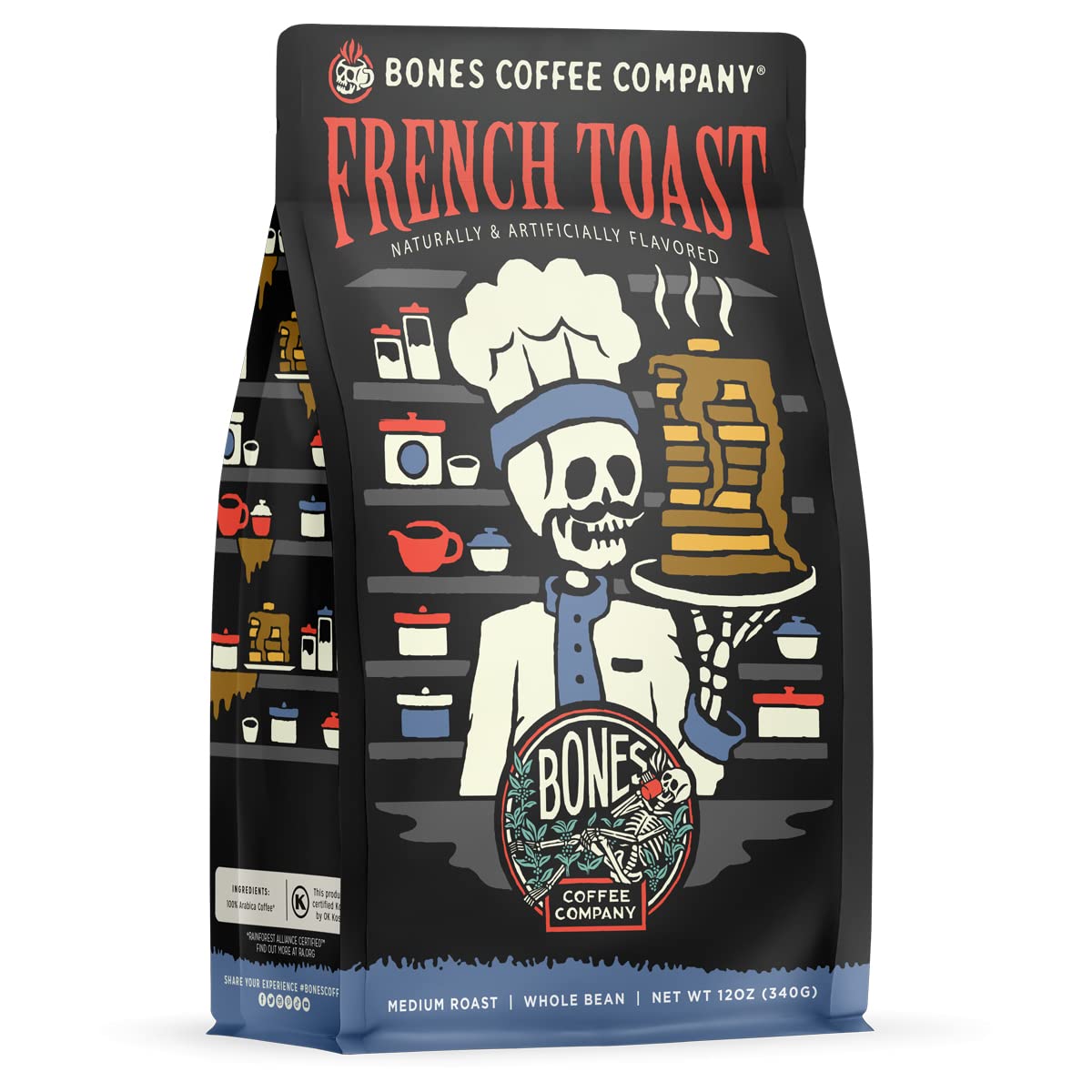 Bones Coffee Company French Toast ground bag highlights a rich aroma for auto drip mornings